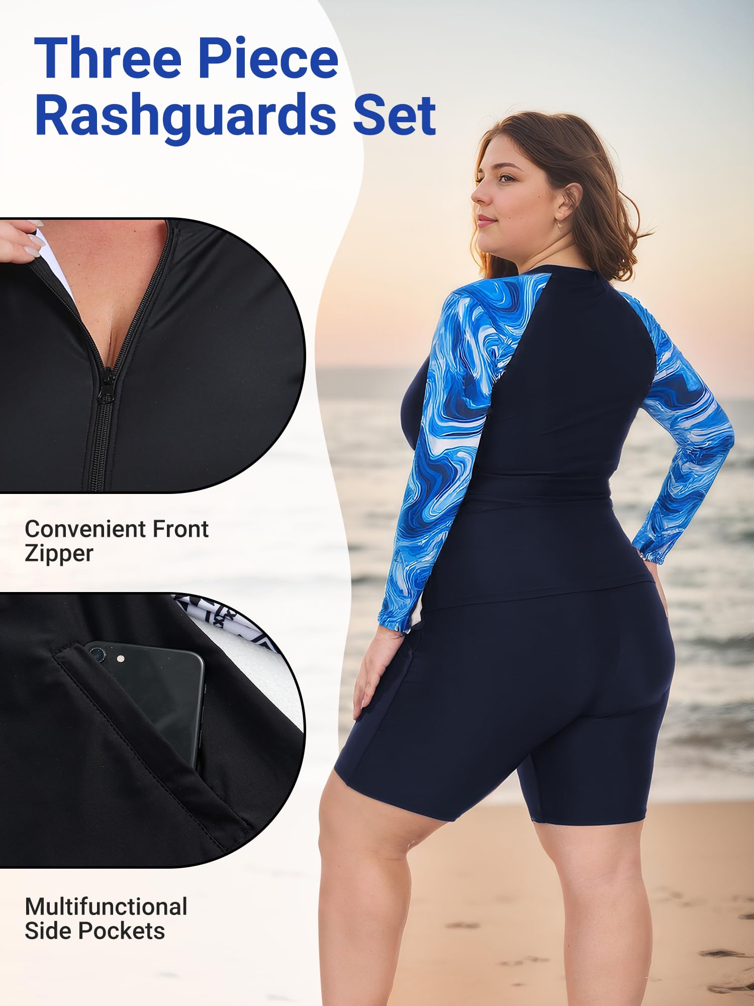 Owntop Damen Übergröße Rash Guard | 2-Teilige UPF 50+ Badeshirt | Langarm Reißverschluss Rashguard-Shirts & Hochtaillierte Boyshorts | Schnelltrocknend Badebekleidung Badeanzüge | Schwimmen Surfen