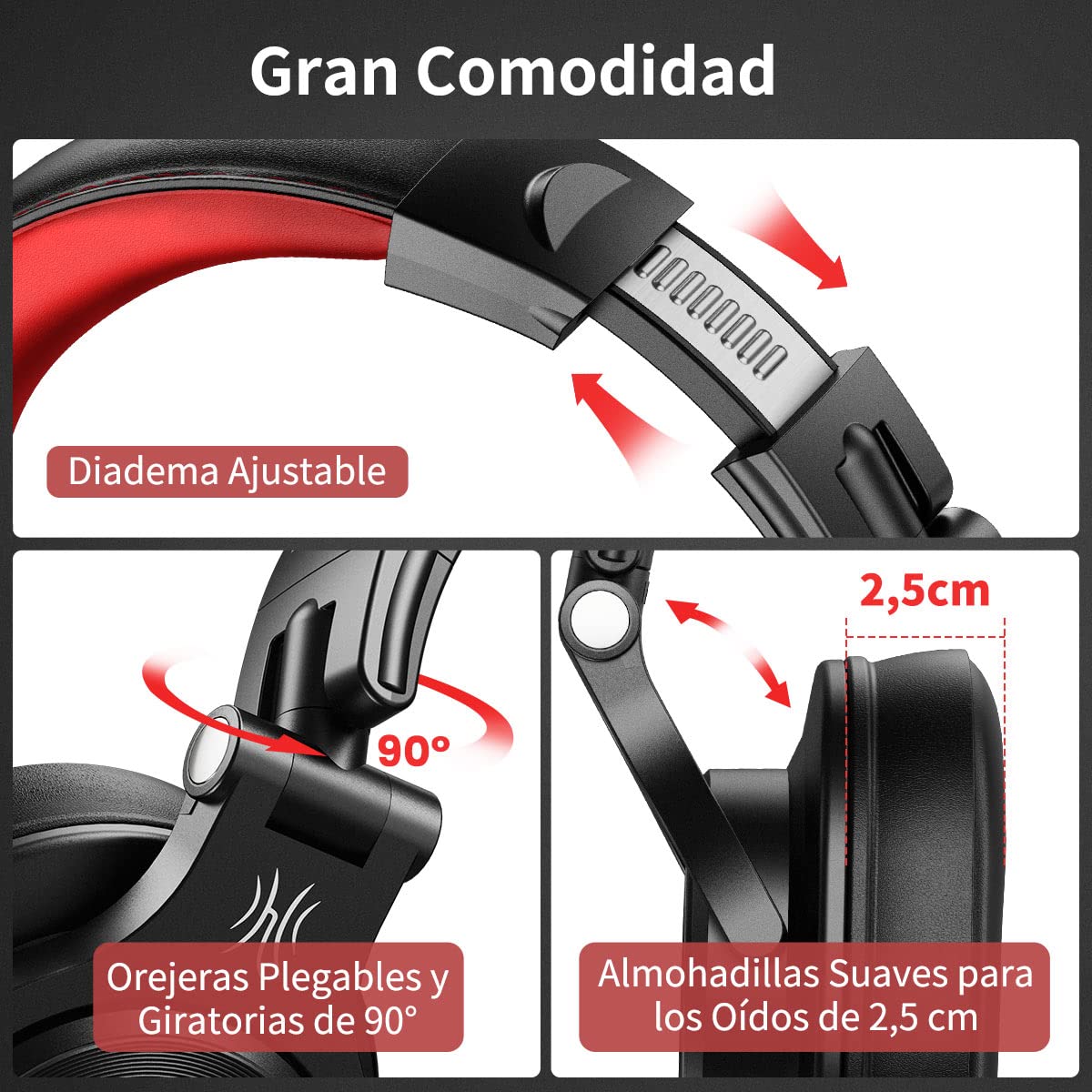 Auriculares OneOdio sobre la oreja, auriculares DJ con cable, auriculares HiFi de estudio con puerto compartido para monitor de grabación AMP de guitarra de piano e-drum (Rojo2)