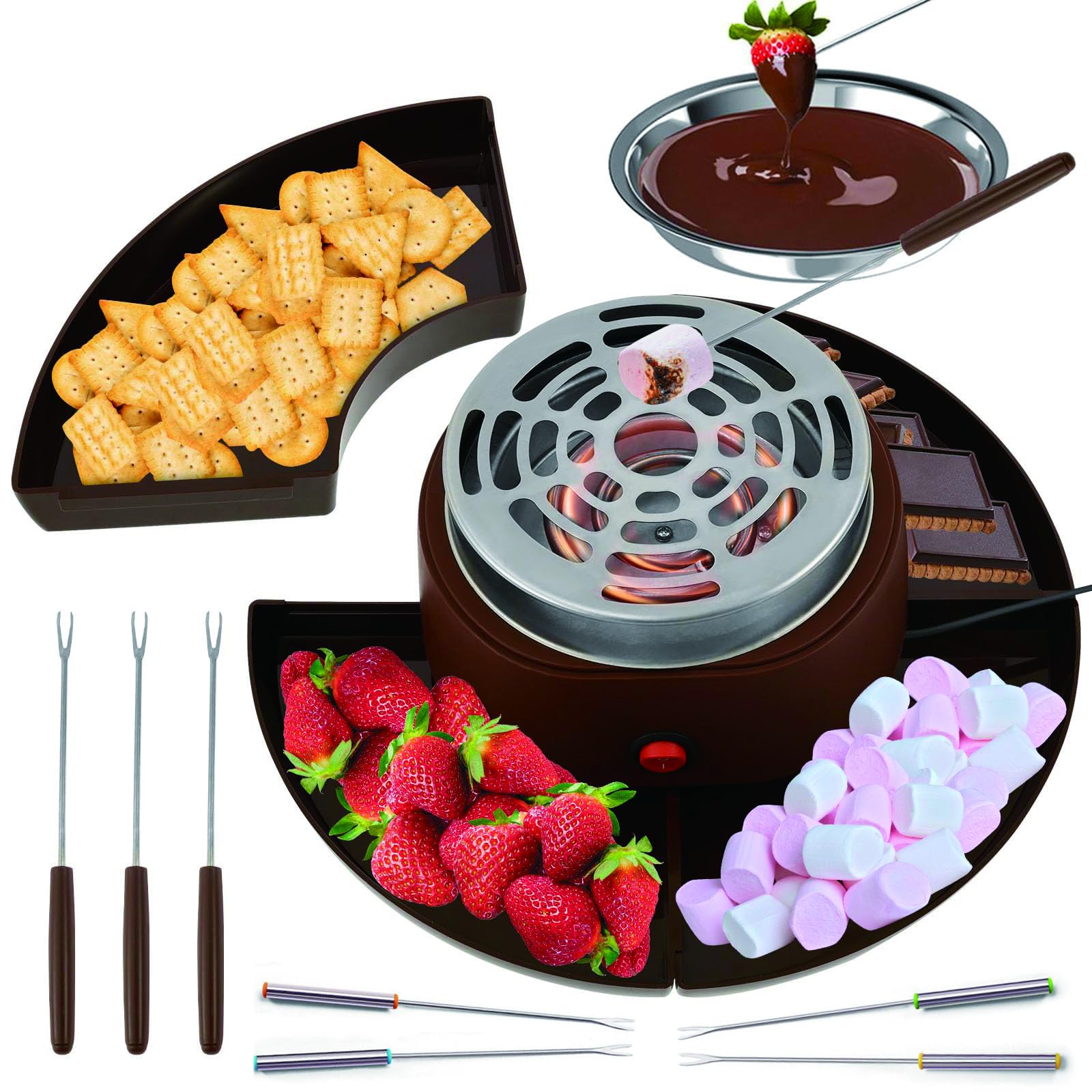 2-en-1 S’Mores Maker & Set de Fondue de Chocolate – Asador Eléctrico de Malvaviscos 280W con Temperatura Ajustable & 14 Accesorios, Kit Indoor para Fiestas, Noches de Película & Regalos