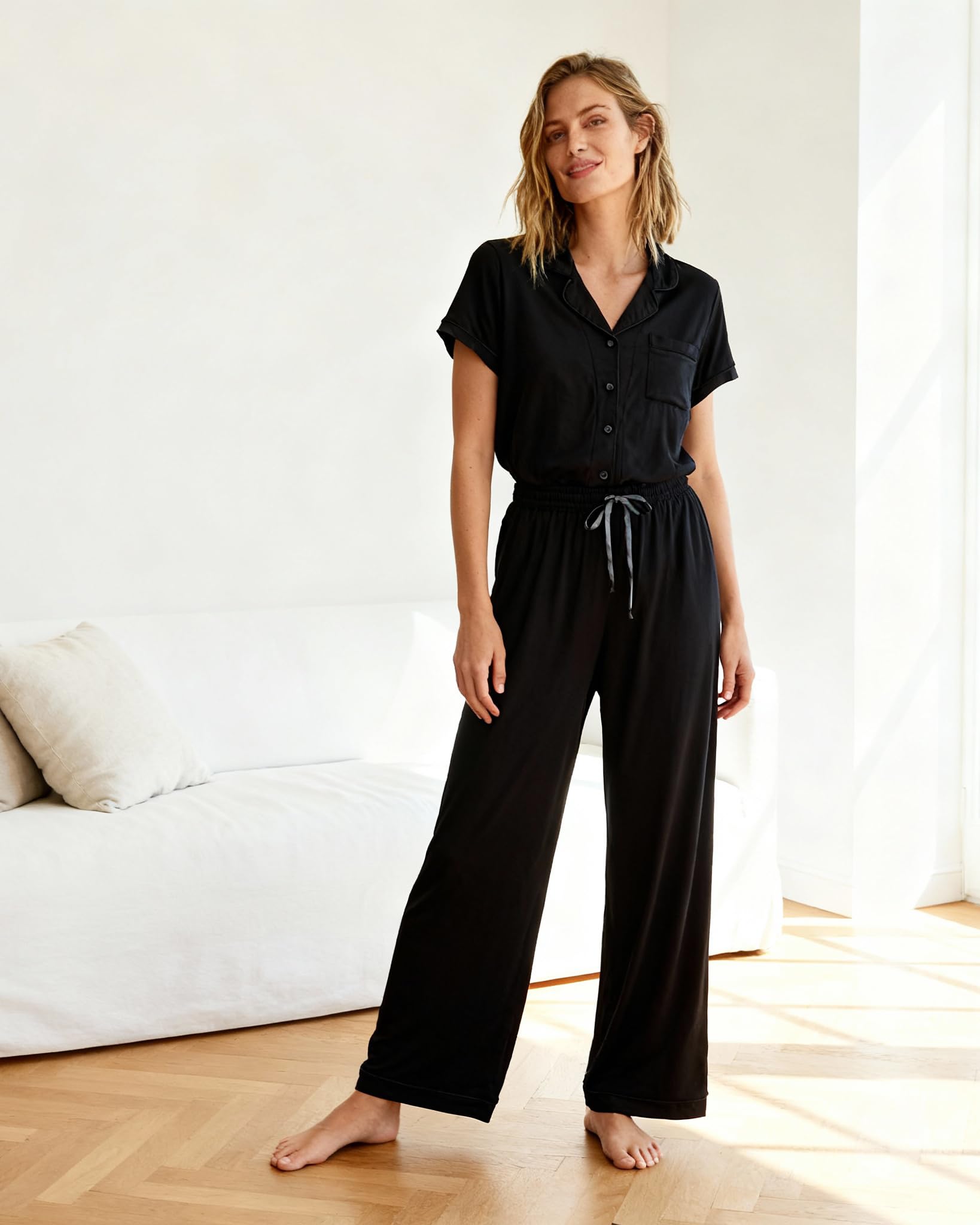 Rachel Zoe Button Up Pajamas for Women Sets, Jersey Soft PJs with Button Down PJ Top and Long Pajama Pants (Black, Large)