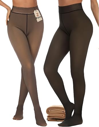 Buauty 2 Pairs Women Fleece Lined Tights Fake Translucent Thermal Leggings High Waist Thick Warm Pantyhose for Winter