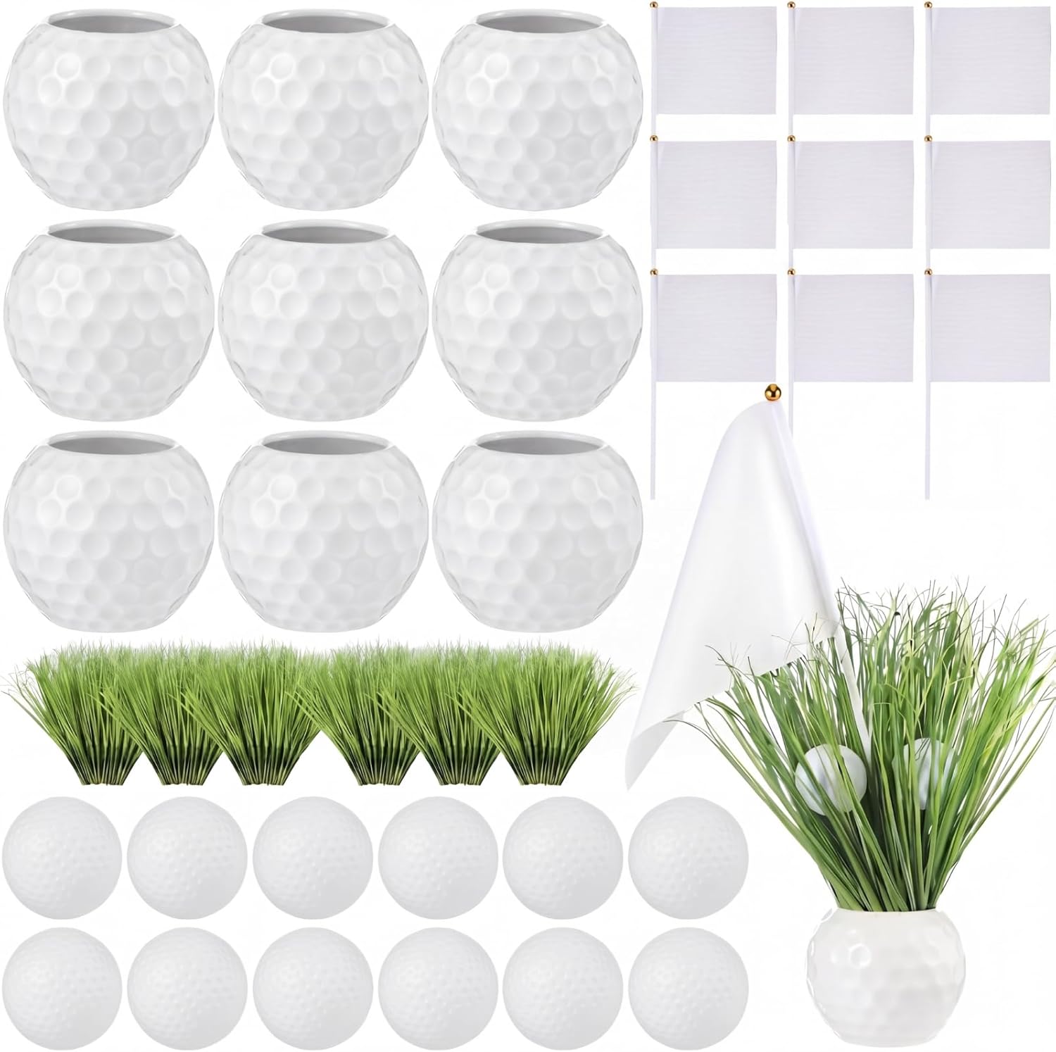 6 Set Golf Centerpieces Party Table Decorations Kit Includes Ceramic Golf Ball Planters 90 Artificial Grass Stems 12 Mini Balls 6 Flags for Sport Themed Party Supplies Rugby Favors