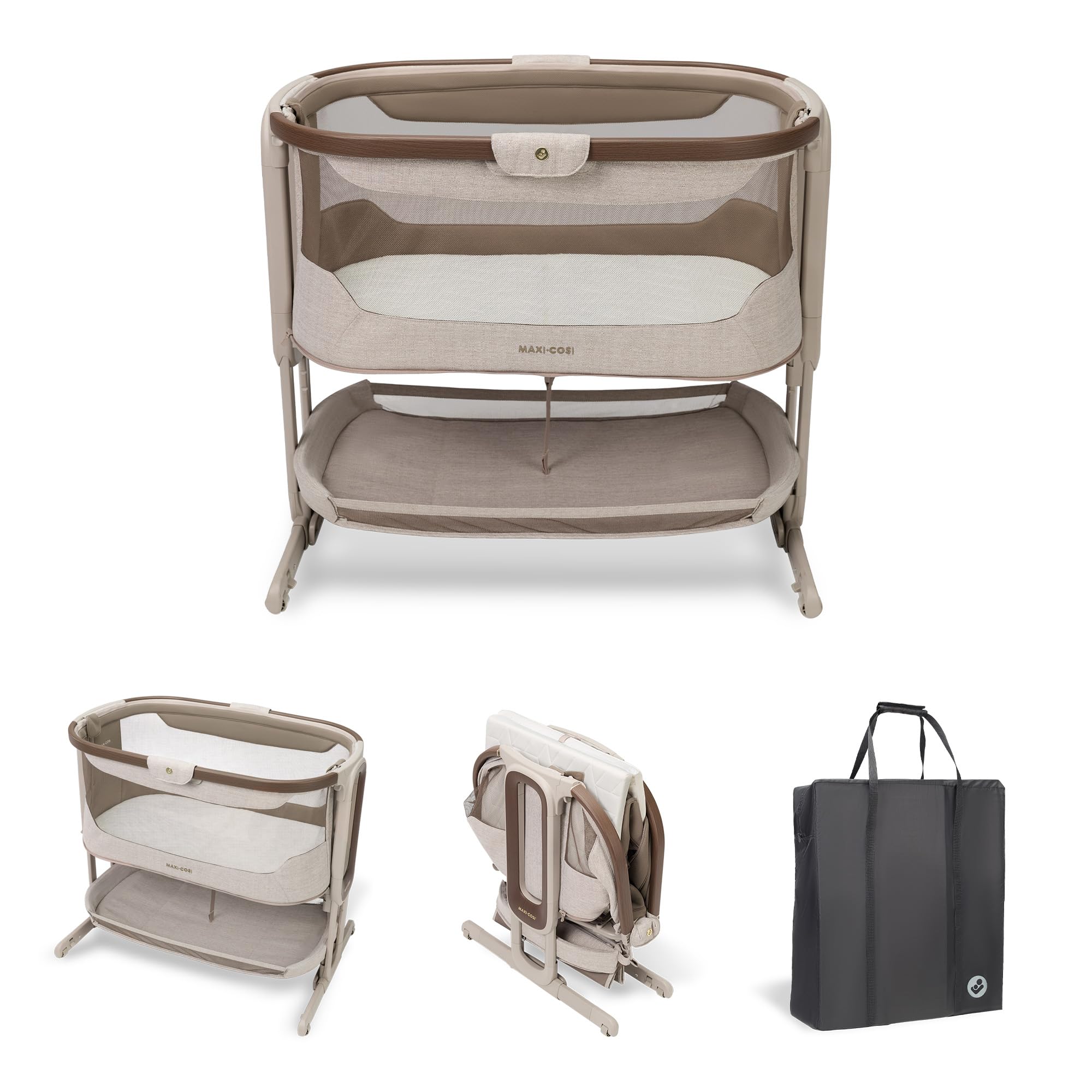 Maxi Cosi Iora Select Baby Stubenbett, 0–6 Monate (9 kg), Faltbares Beistellbett Schaukelnd/Schaukelbett, CloudCore-Matratze 3 cm, 5 Höhenstufen, 4 Leichtgängige Rollen, Easy Slide, Elegance Truffle