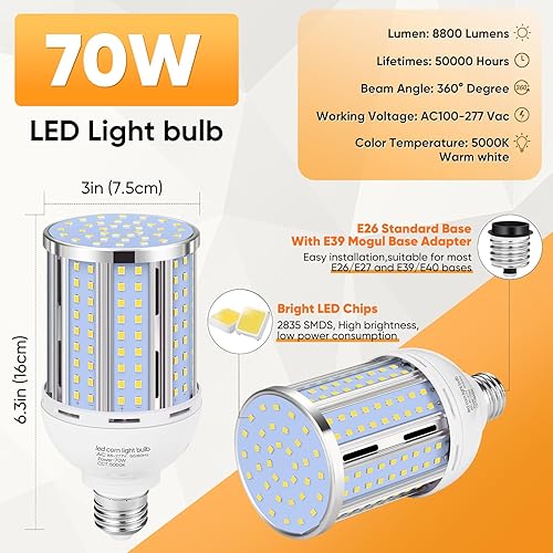 Miniatura 3 de Bombilla LED de maíz de 70 W (paquete de 6), (equivalente a 700 vatios) sin ventilador E26E39 medianogrande con base de mogol, lámpara LED de