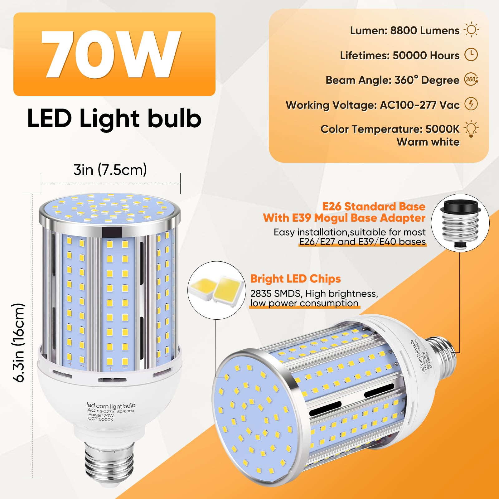 Bombillas LED de maíz de 70 W (paquete de 2) (equivalente a 700 vatios) sin ventilador E26/E39 mediano/grande, base de mogul LED Coblam, lámpara de 5000 K, luz diurna 8800 lm, para exteriores