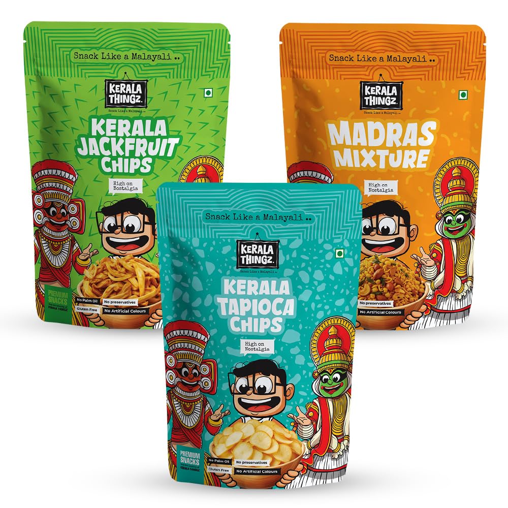 Kerala Thingz Jackfruit Chips, Madras Mixture & Tapioca Chips Combo Pack 380g | Authentic Kerala Snacks | Crunchy Indian Snacks Combo | Spicy Mixture & Kerala Chips | No Palm Oil, No Preservatives