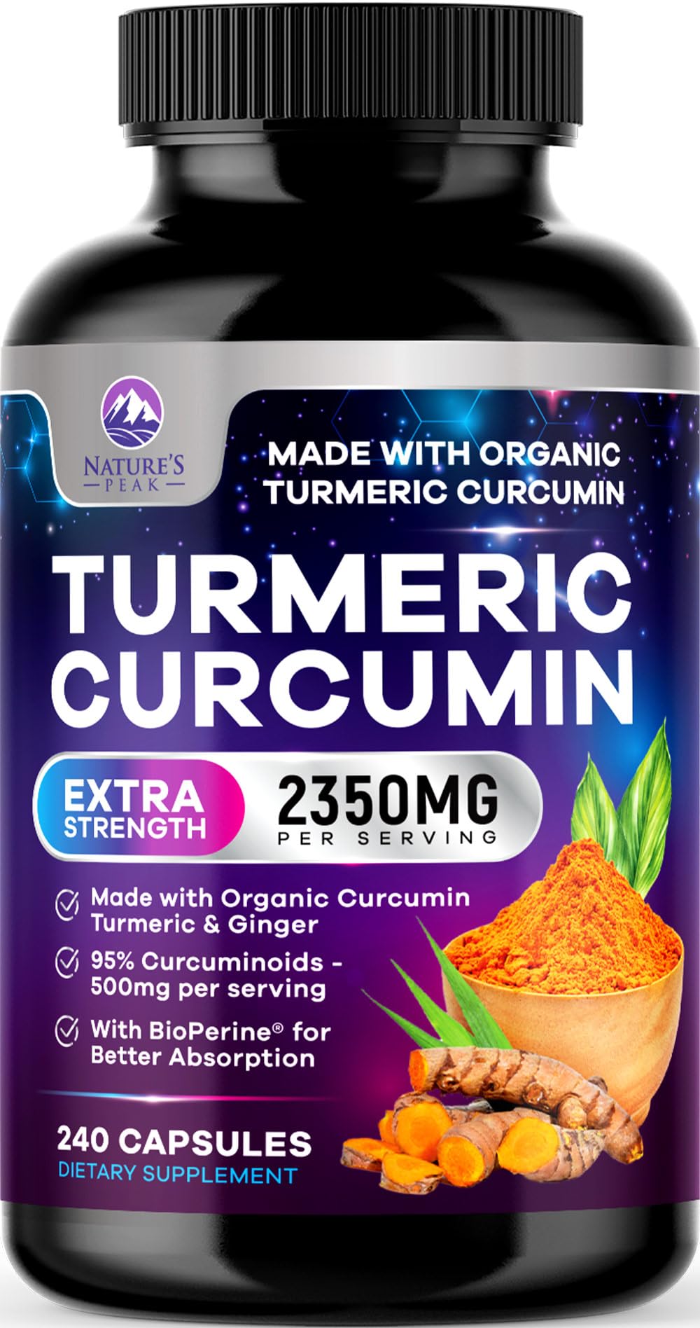 Turmeric Curcumin Supplement - 1750mg Organic 3X Strength Turmeric - 95% Curcuminoids, Ginger & BioPerine Black Pepper for Best Absorption - Natural Vegan Joint Support, Bottled in USA - 240 Capsules 240 Count (Pack of 1)