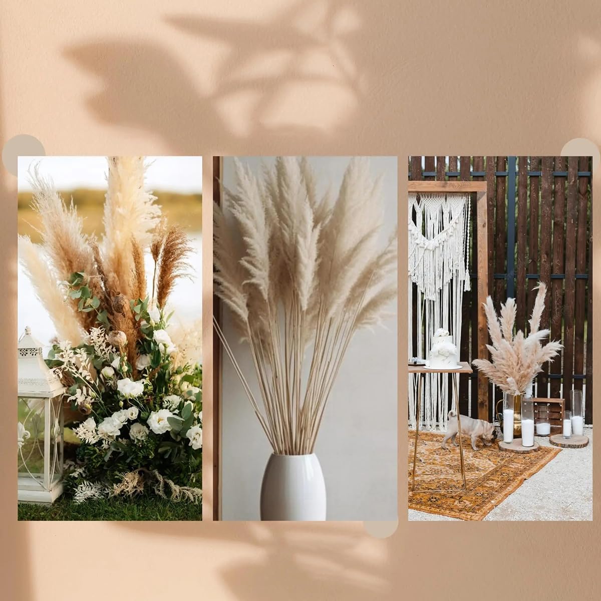 10pcs Dried Pampas Grass Decor, 23.62inch Fluffy Natural Pampas Grass Boho Floral Bouquet for Wedding Party Table Vase Decor, Splicing Size 43.3-47.24 inch, White