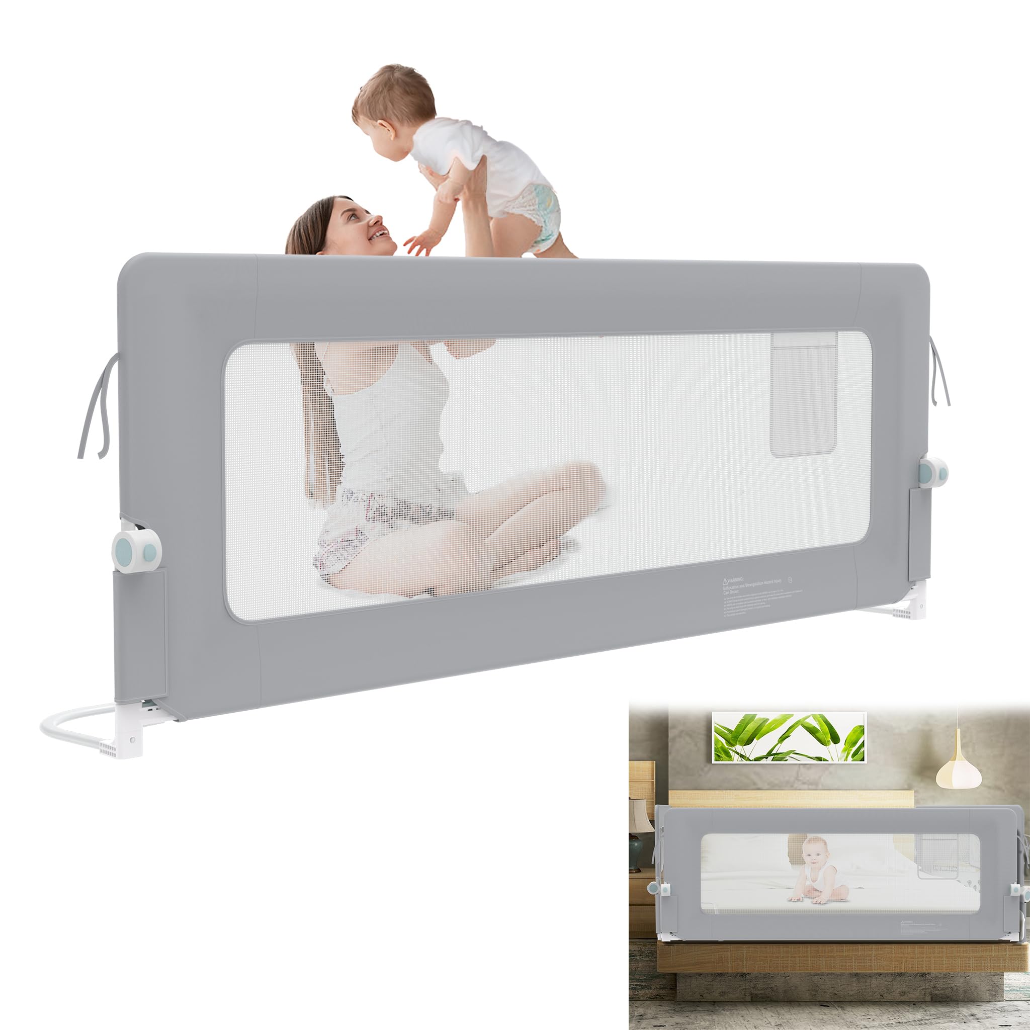 YRHome 200cm Bettgitter Rausfallschutz klappbar 180 Grad drehbar Bettschutzgitter für Kleinkinder luftiges Netz, Höhenverstellbar Rausfallschutz Bett für Kinderbett, Elternbett (Grau)