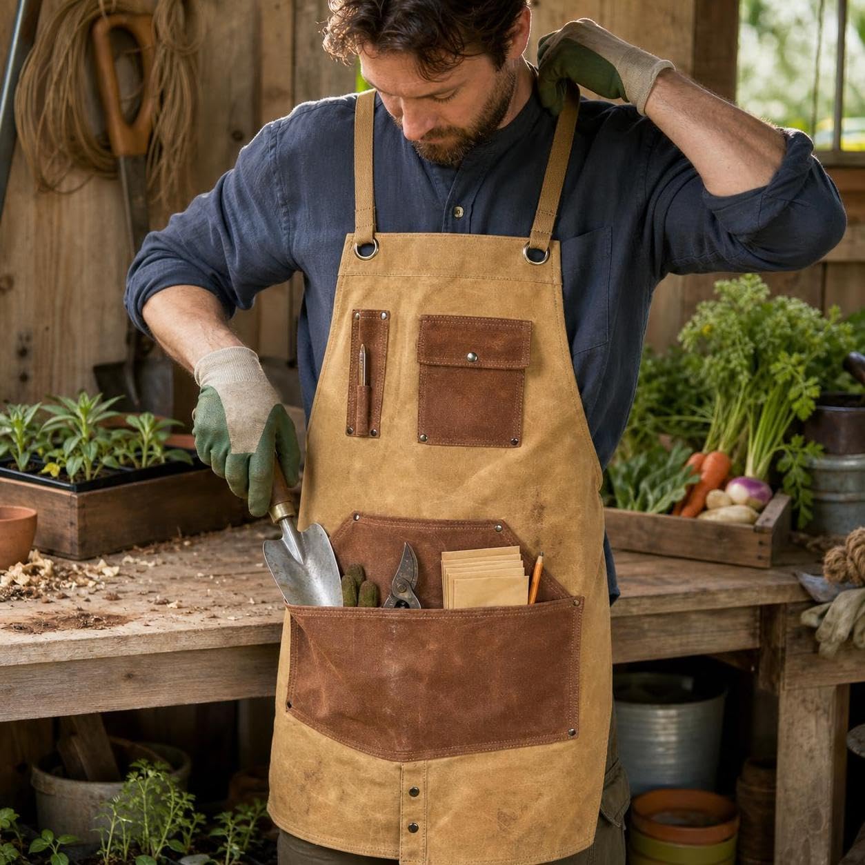 Canvas Schürze gewachst, Robuste Segeltuchschürze mit Kreuzgurten für Handwerker und Holzbearbeiter, für Künstler