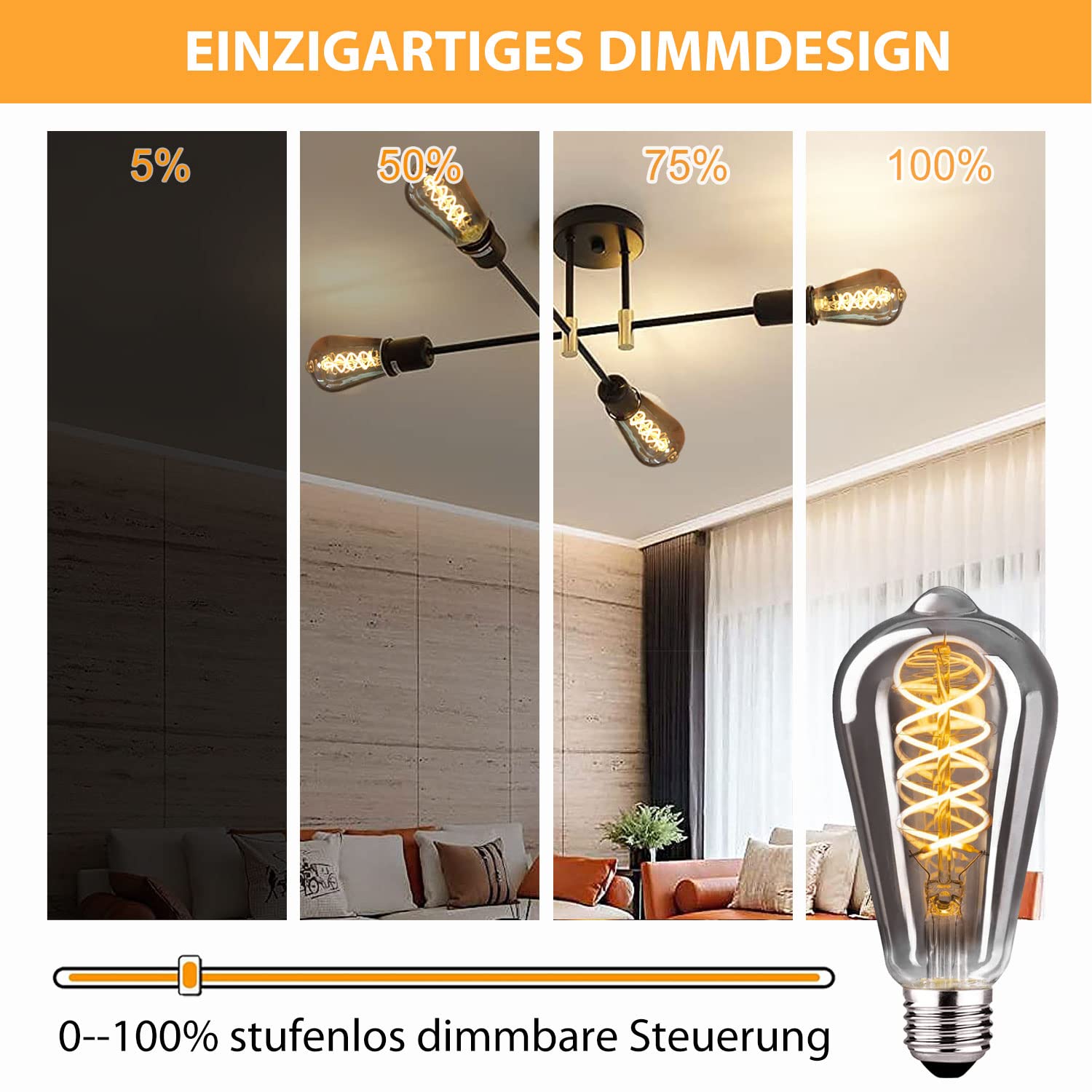 Edison Vintage Glühbirne E27, E27 LED Vintage Dimmbar 4W Retro Glühbirne LED Filament Lampe Warmweiß Ideal für Nostalgie und Retro Beleuchtung im Haus Café Bar, Rauchgrau Glas - 6 Stück （ST64YHS）