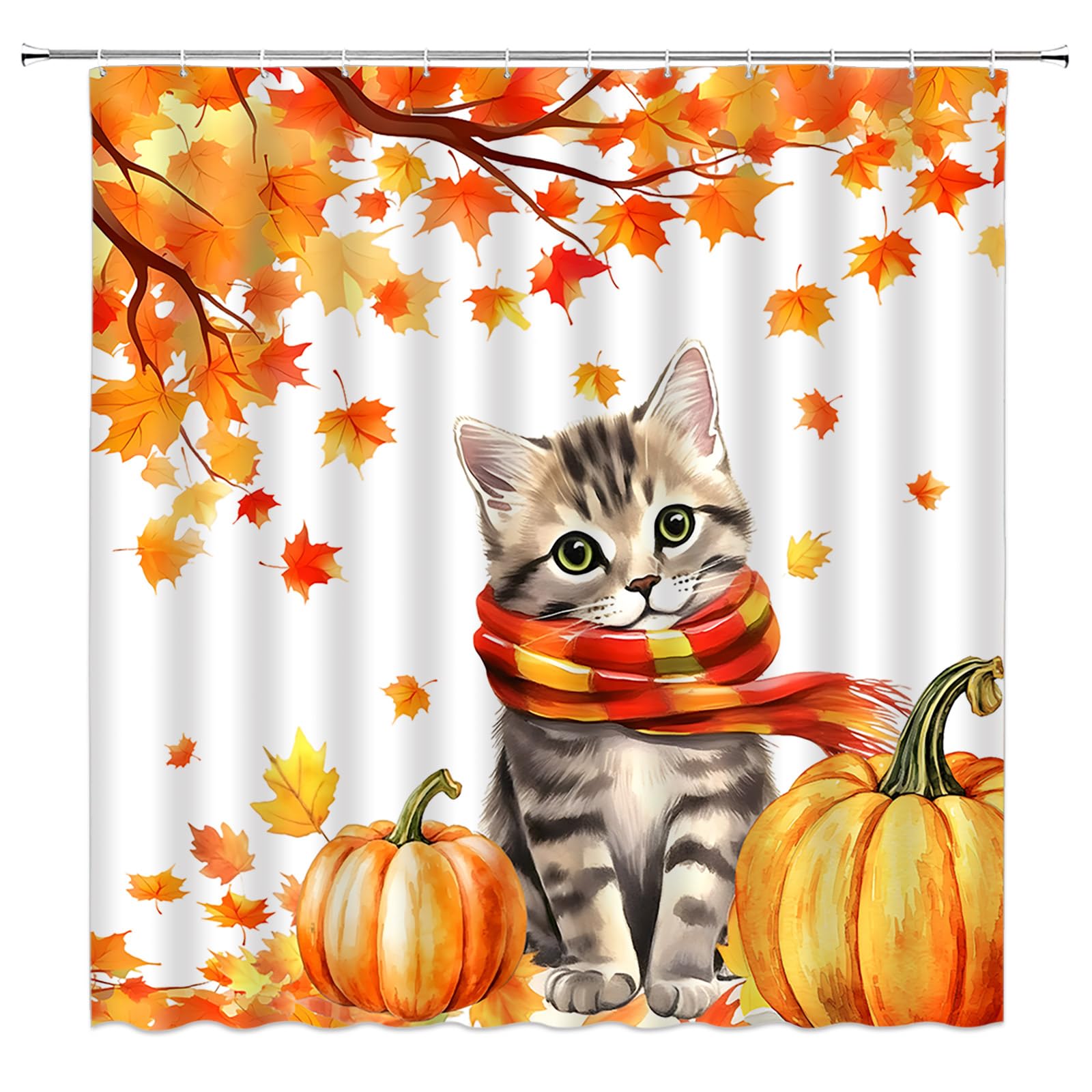 GCTNBJL Fall Thanksgiving Shower Curtain Cat Pumpkin Maple Tree Leaves Autumn Harvest Animal Rustic Orange Bathroom Home Curtain with Hooks,70" Wx70 H