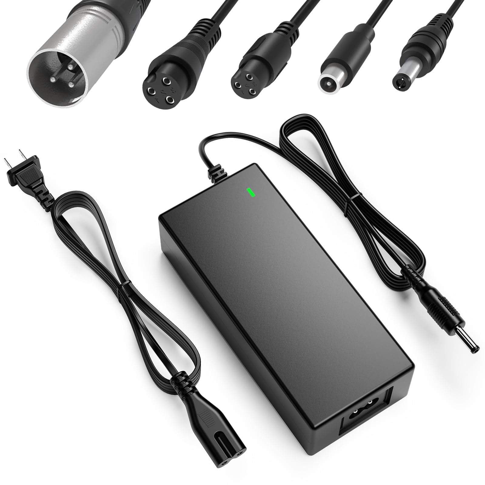 42V 2A Battery Charger 5 in 1 Plugs Power Supply Adapter for 36V Lithium Battery, DC Plug with 8mm 3 Prong /12mm 3 Prong /8mm RCA/3-Pin Male XLR Connector, Power Adaptor Supply Cord