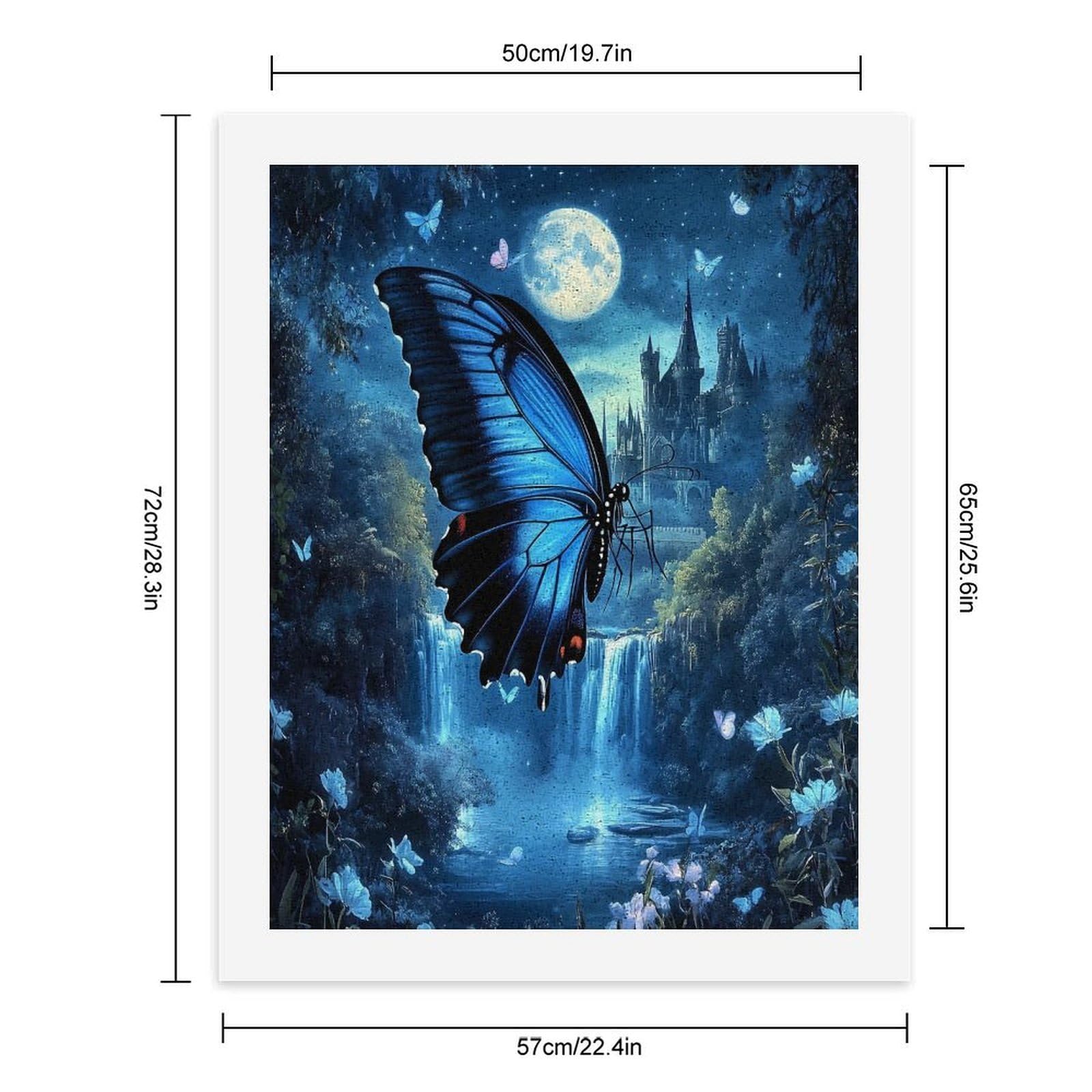 Lustiges Malen nach Zahlen für Erwachsene, Motiv: blauer Schmetterling, Schloss, Mond, vertikal, Baumwolle, digitales Ölgemälde, Heimdekoration, Geschenk, 65 x 50 cm