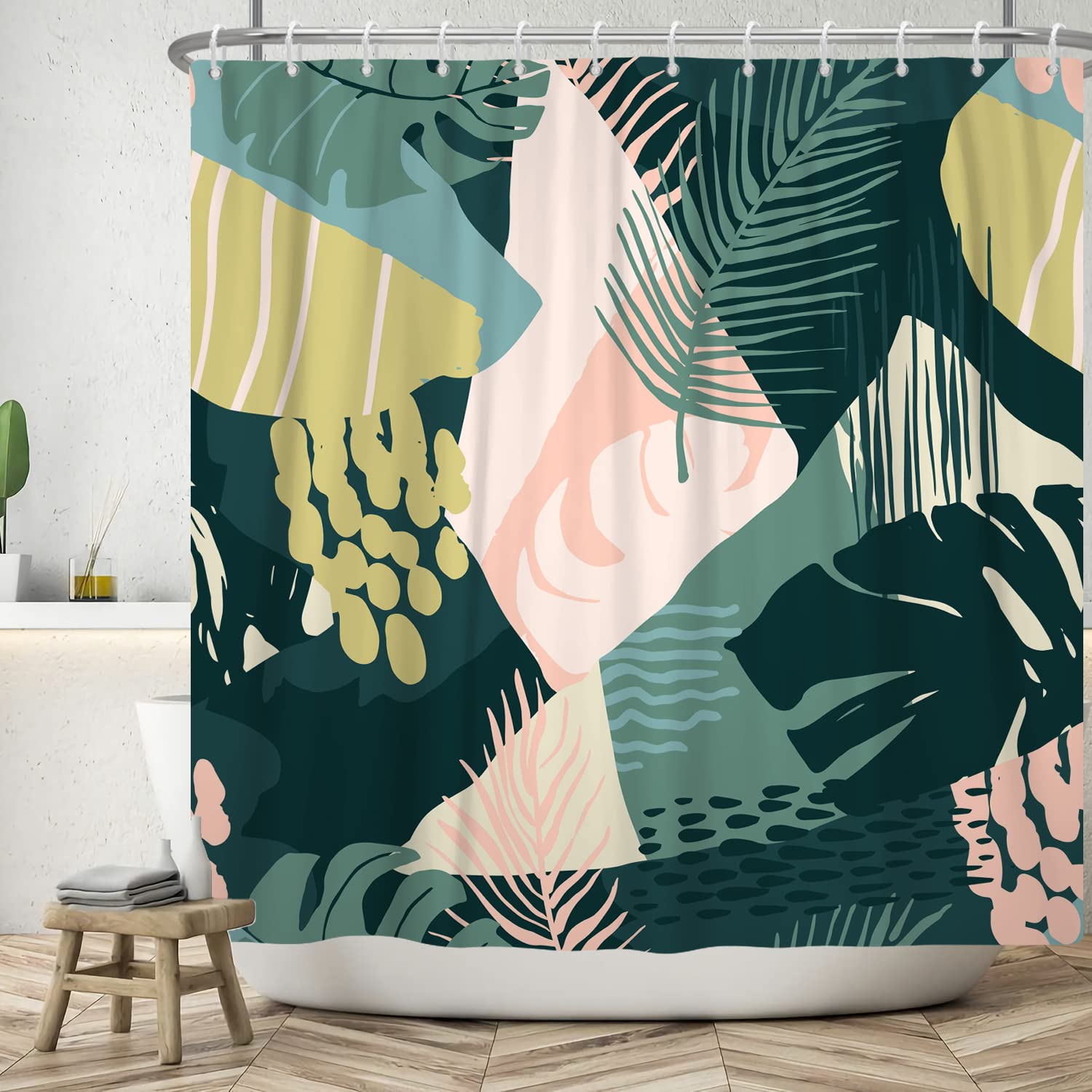 Bovlleetd 60x72inch Bohemian Shower Curtain Green Pink Yellow Watercolor Shower Curtains Abstract Modern Art Bathroom Curtain Waterproof Bathtub Curtain with Hook — image 1
