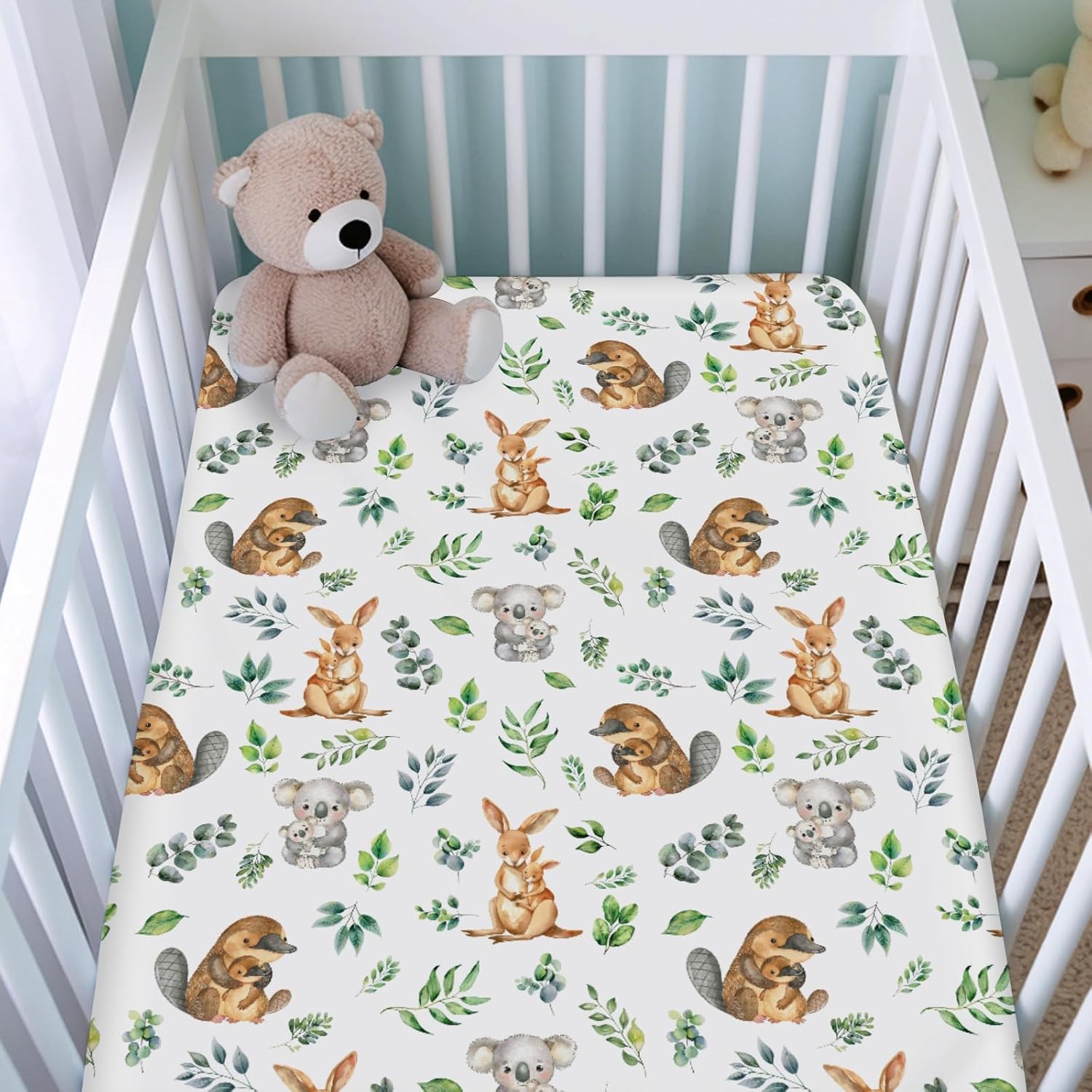 Baby Australian Animals Crib Sheets for Girl Boy 52"x28" Koala Kangaroo Green Leaves Crib Mattress Covers Soft Breathable Fitted Nursery Baby Bed Sheets Fits Standard Crib and Toddler Mattress