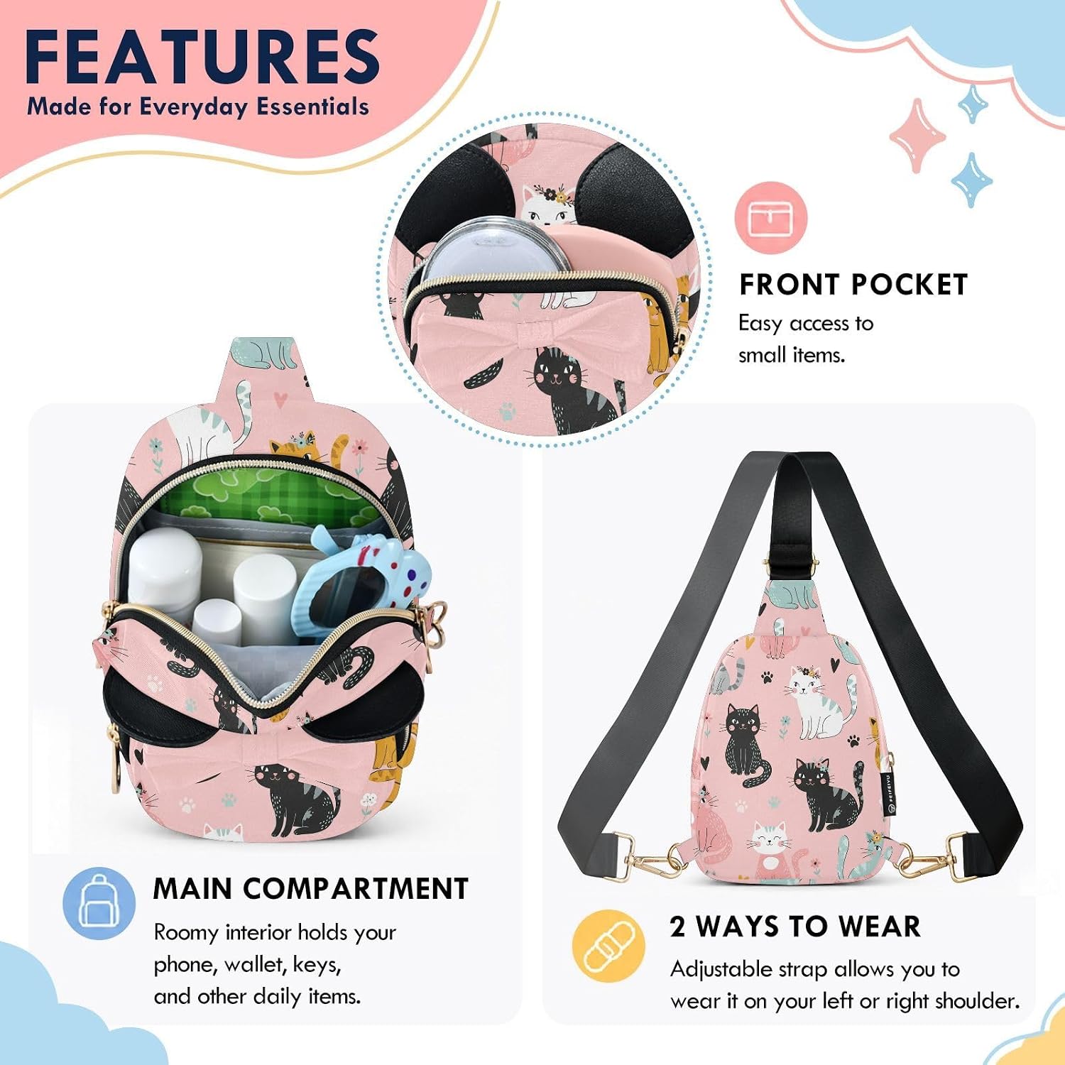 Sinestour Animals Cats Kids Crossbody Bags for Girls, 5.7"x3.1"x7.5" | Crossbody Fanny Pack, Toddler Purse, Cute Sling Belt Bag with Ears, 2L Small Shoulder Chest Bag for Travel