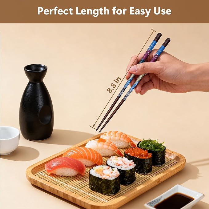 Set de 5 pares de palillos chinos reutilizables de madera con soportes de cerámica, estilo japonés clásico de 22.5 cm miniatura 2