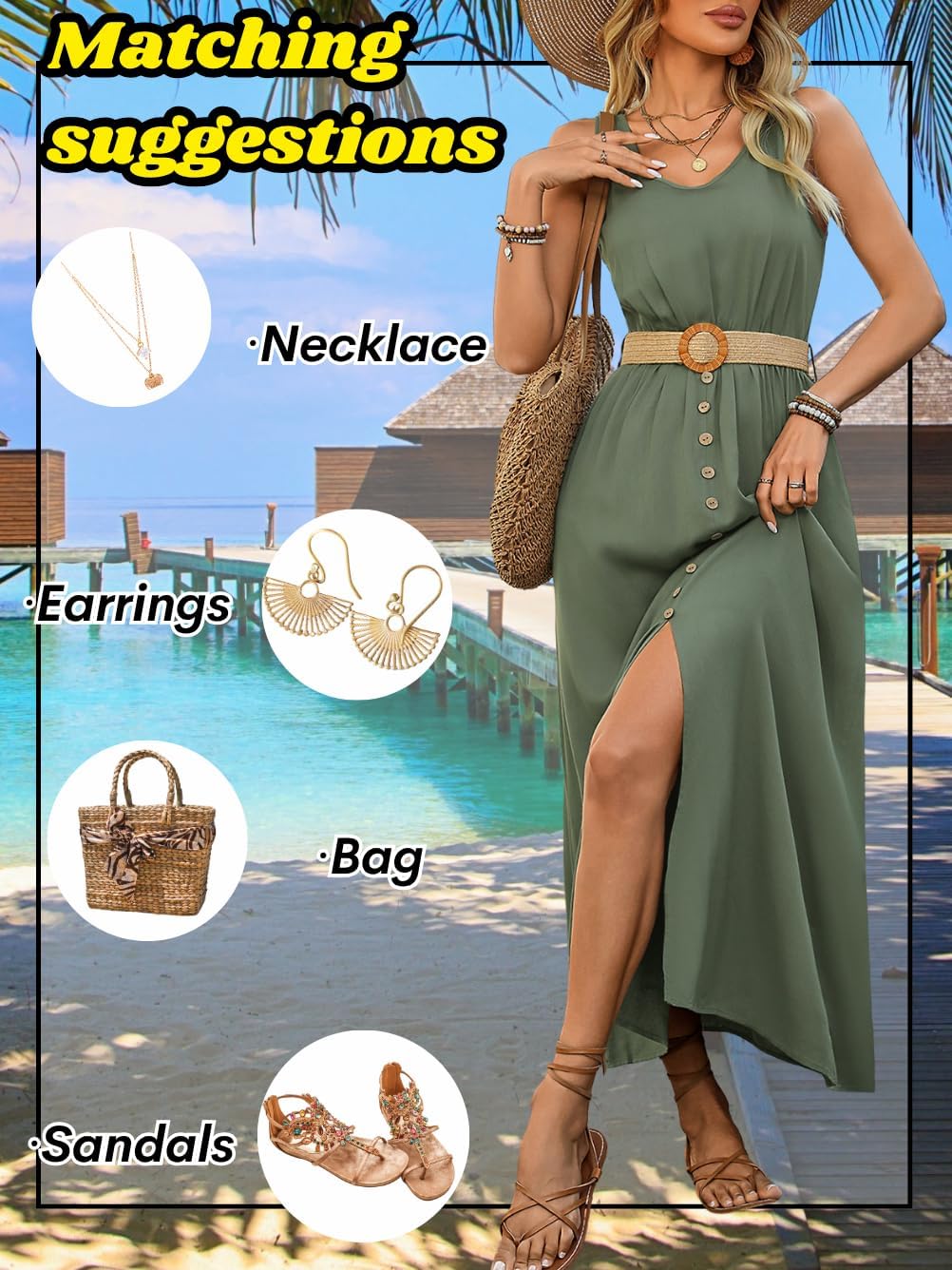 ChiaoLezhee Women's Boho Maxi Dress with Belt,Olive Green,Small - Image 6