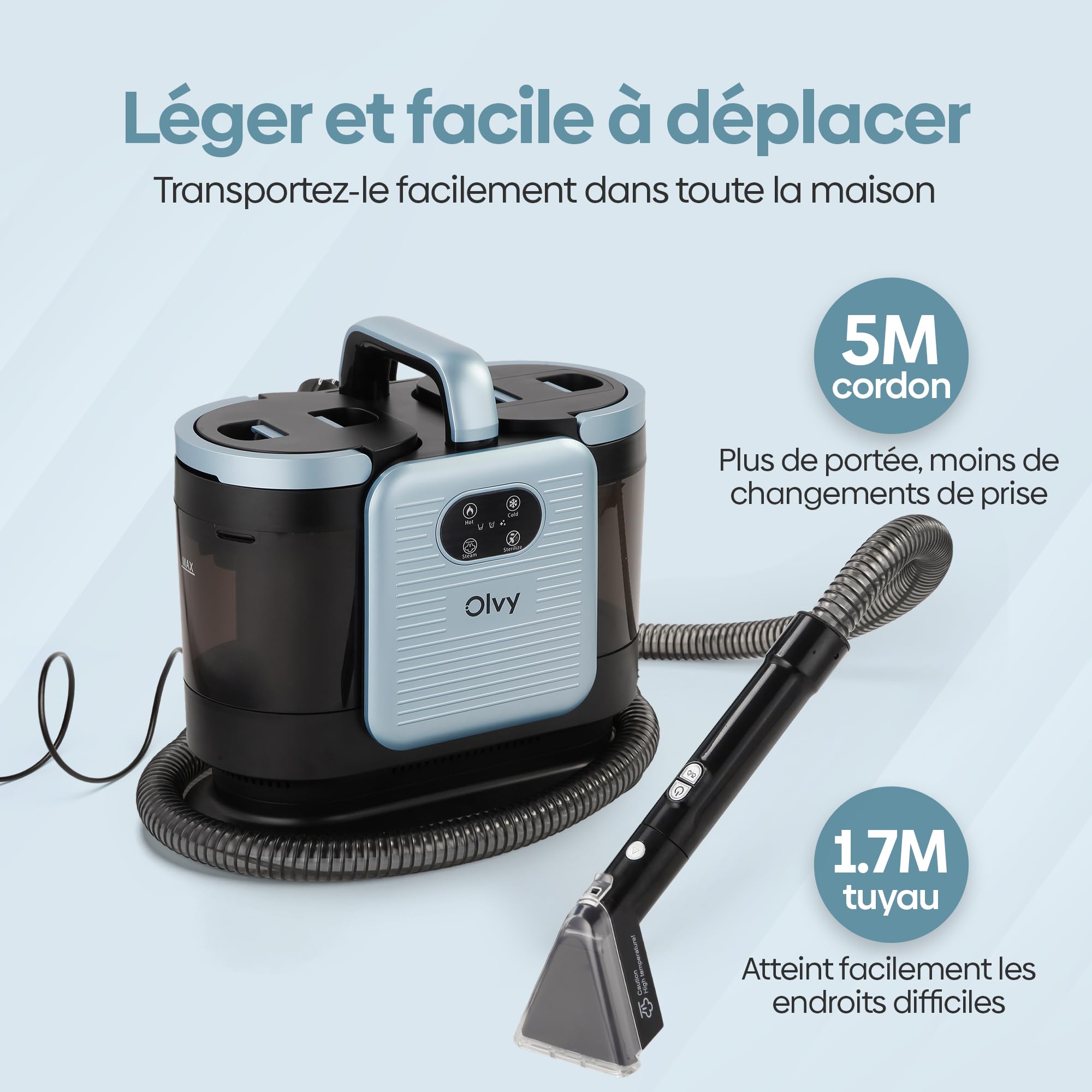 Olvy Nettoyeur de Tapis PRO – Aspirateur Injecteur-Extracteur avec Fonction Vapeur – Nettoyeur à Vapeur 100°C – Appareil Nettoyeur de Canapé – Nettoyeur de Tapis Humide – avec Détergent – 1650W – Nett