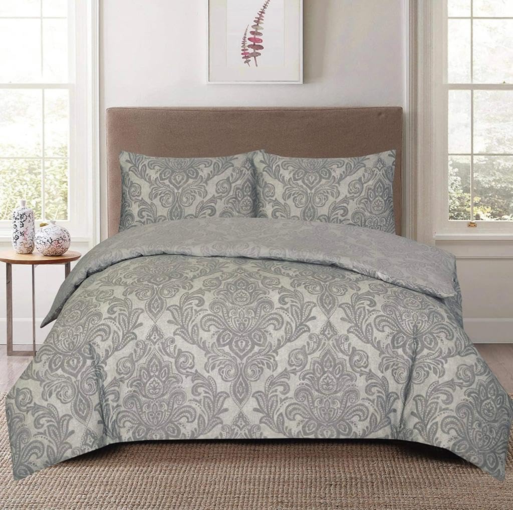 Complete Set Cotton-Polyester 4 Piece Duvet Bedding Set with an Extra Fitted Sheetโ (Super King, Damask Grey) โ image 1