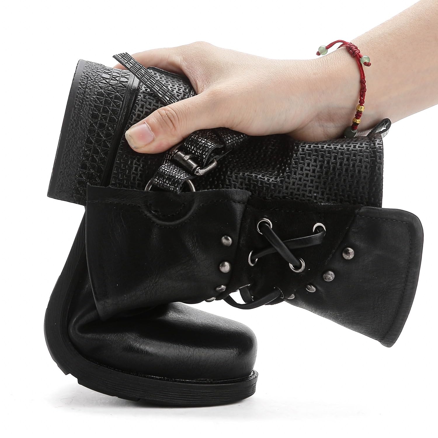 Pogolino Damen Stiefeletten Nieten Biker Boots mit Reißverschluß flach bequem Stiefel ST016