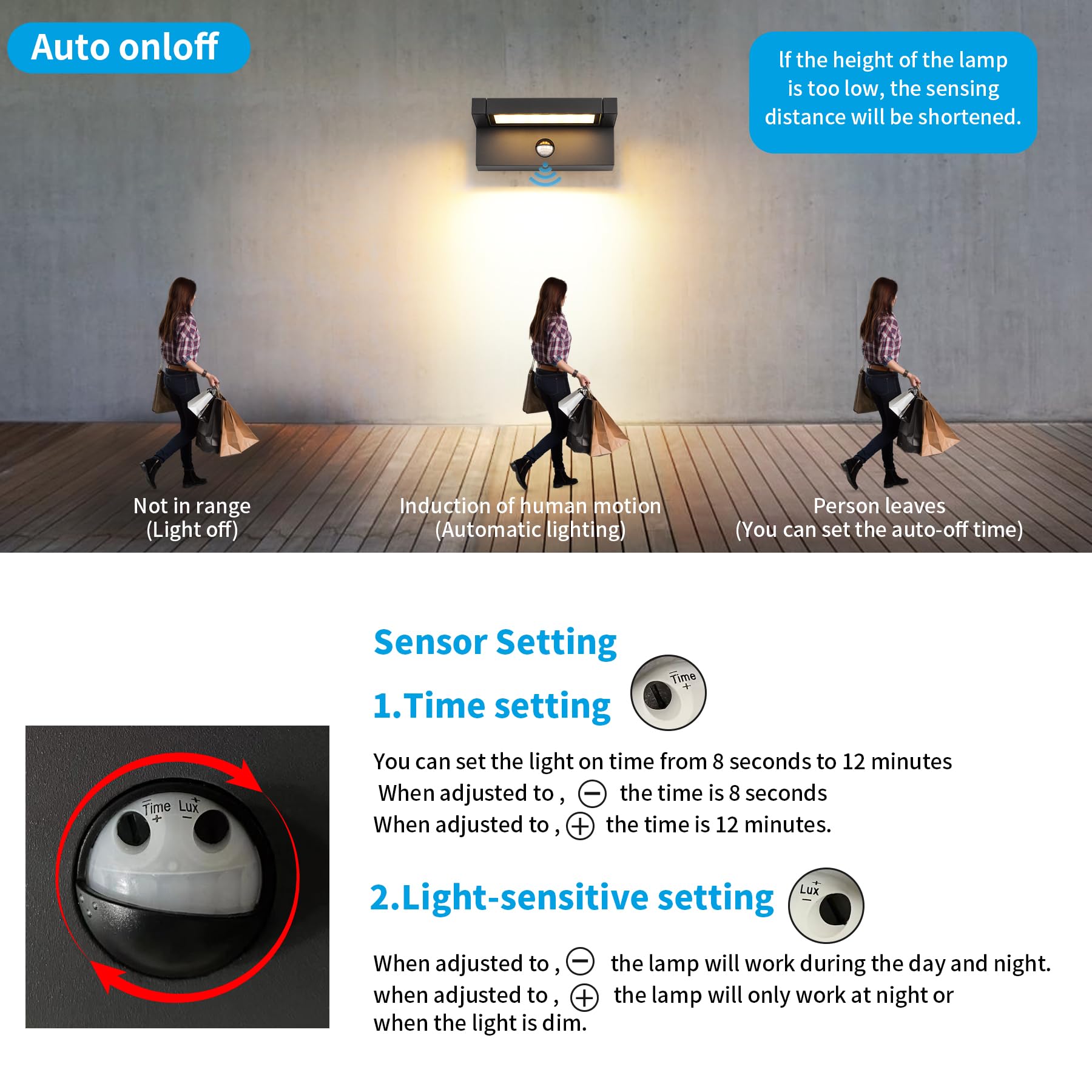 KUKAK LED aplique pared de 22W con sensor de movimiento,luz terraza exterior IP65 impermeable,aplique de 3000K en blanco cálido para exterior/interior con panel orientable de 350° para jardín,Negro