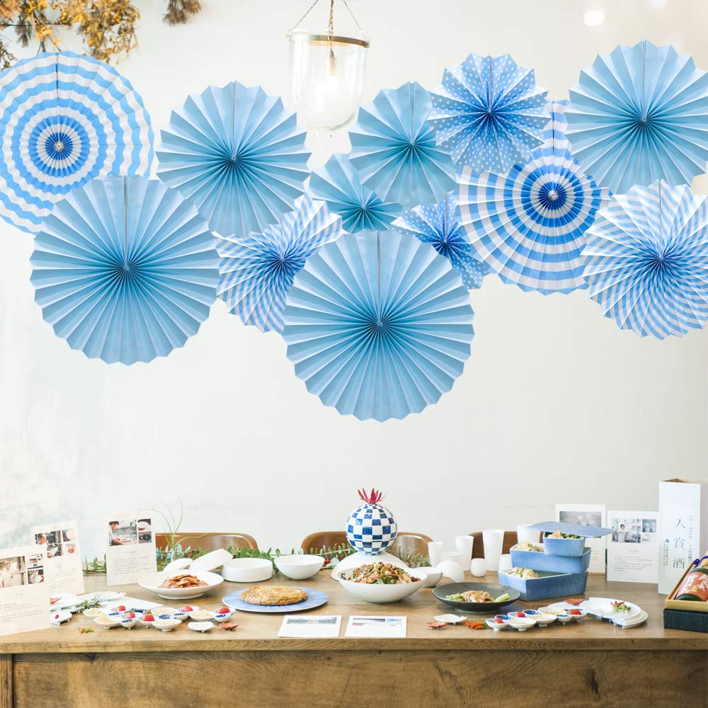 ADLKGG Hanging Paper Fans Party Set, Round Pattern Paper Garlands Decoration for Birthday Baby Boy Shower Graduation Bachelorette, Set of 6 (Blue) 2