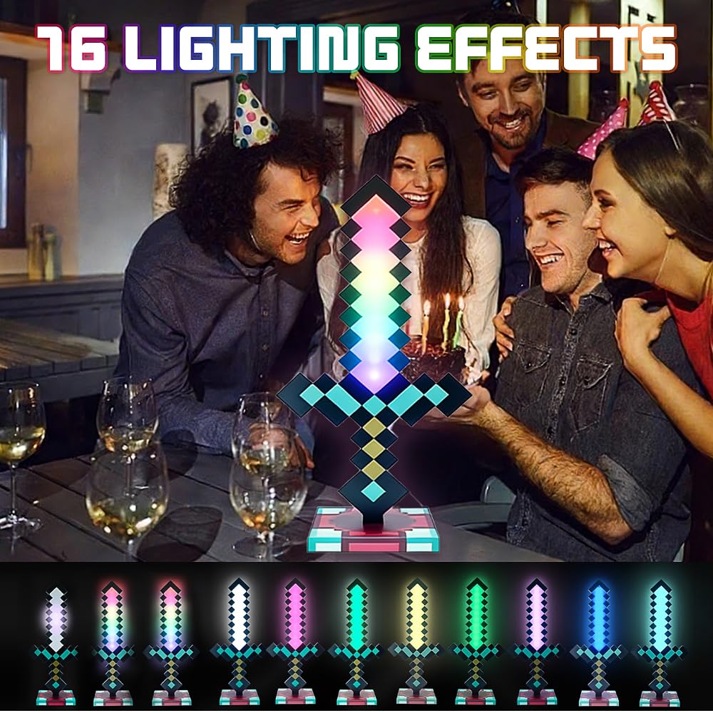 Diamantschwert Licht, 15in Nachtlicht Lampe für Gaming, Pixel Schwert mit 16 Einstellbare Farbmodi, USB wiederaufladbar für Nachttischlampe, Geschenk für Gamer