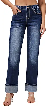 roswear Women’s Straight Leg Jeans High Waisted Boyfriend Stretchy Cuffed Denim Pants