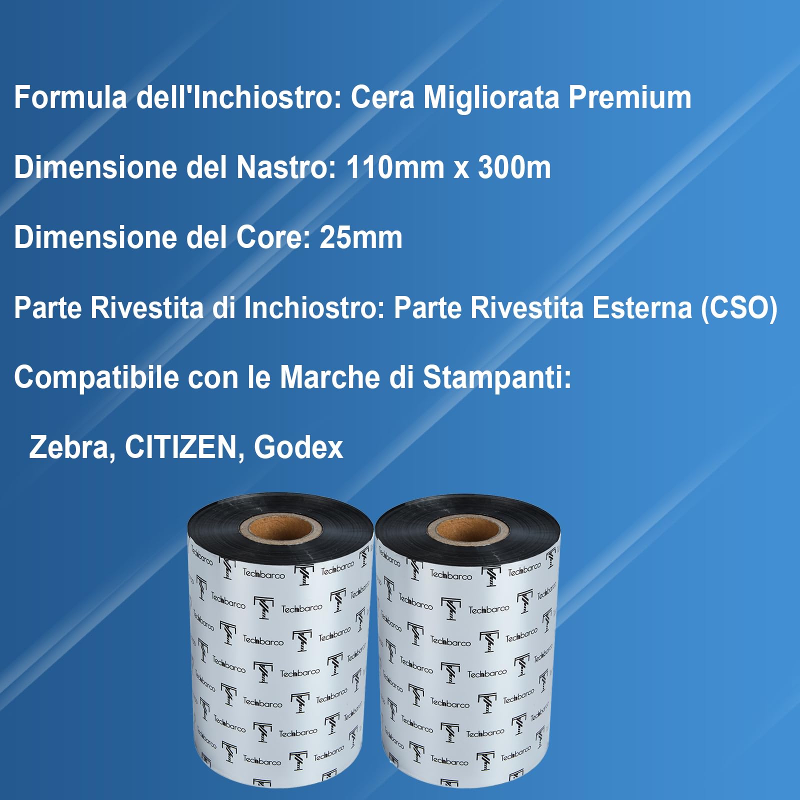 6 rotoli di nastro a trasferimento termico in cera migliorata di alta qualità, 4,33" x 984' (110 mm x 300 m), nero, per stampante di codici a barre industriali, compatibile con Zebra, TSC, GoDex