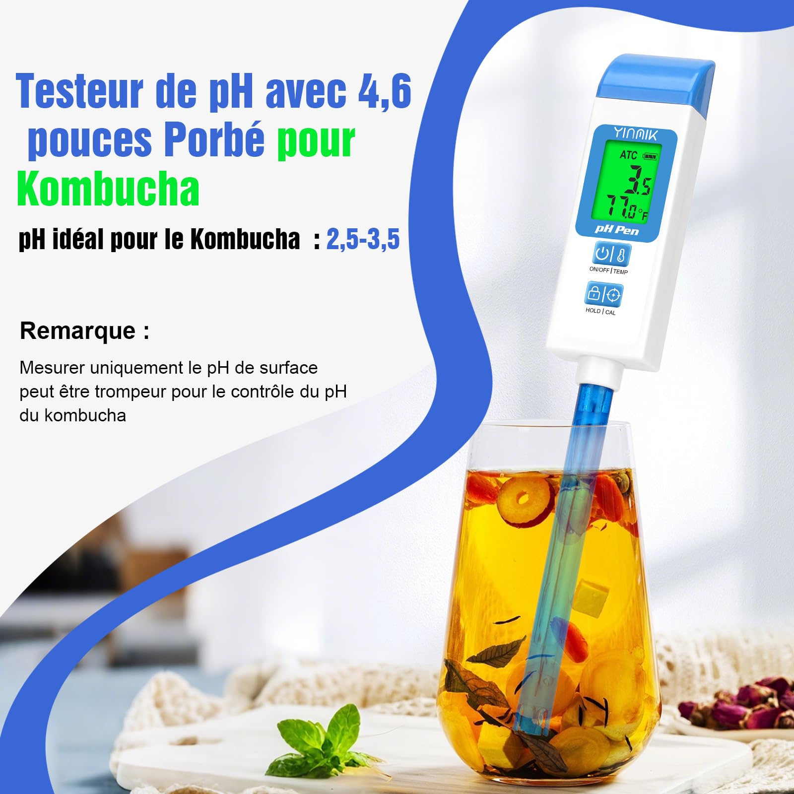 YINMIK Testeur de pH pour la Qualité de l'eau, Testeur de pH Numérique | pH-mètre Kit de Test Professionnel de pH et de Température, Convient Aux Aliments en Conserve et à Diverses Solutions