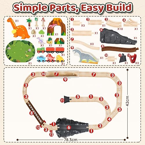 Vista 7 de Lehoo Castle Juego de tren de madera - Juego de tren de dinosaurio para niños pequeños de 2 a 4 años, pista de tren de madera, juguetes para niños