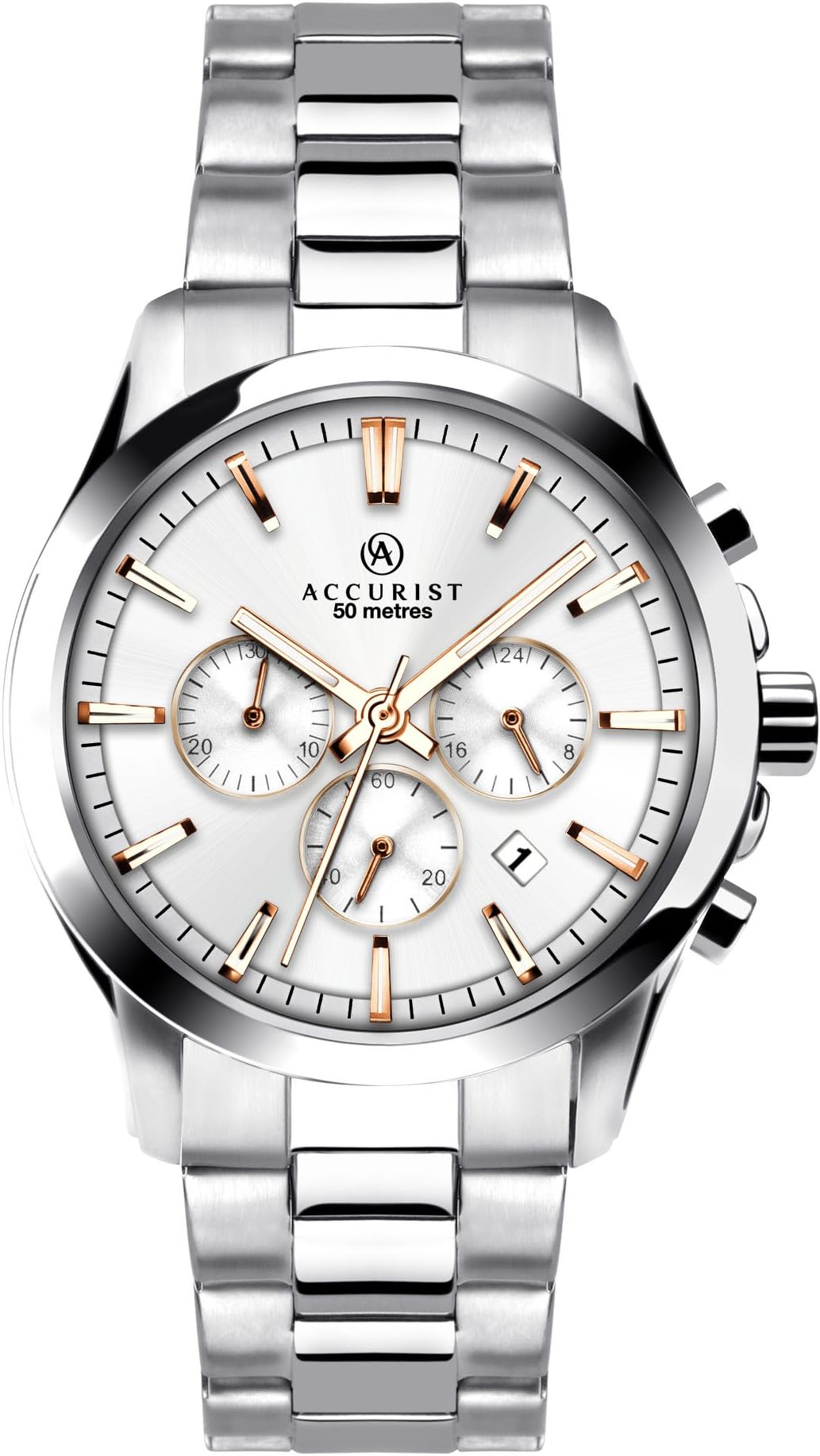 Accurist Mens Stainless Steel Japanese Quartz Sports Chronograph Watch With Push Button Clasp, Date window, 50m Water Resistant, 2 year guarantee.