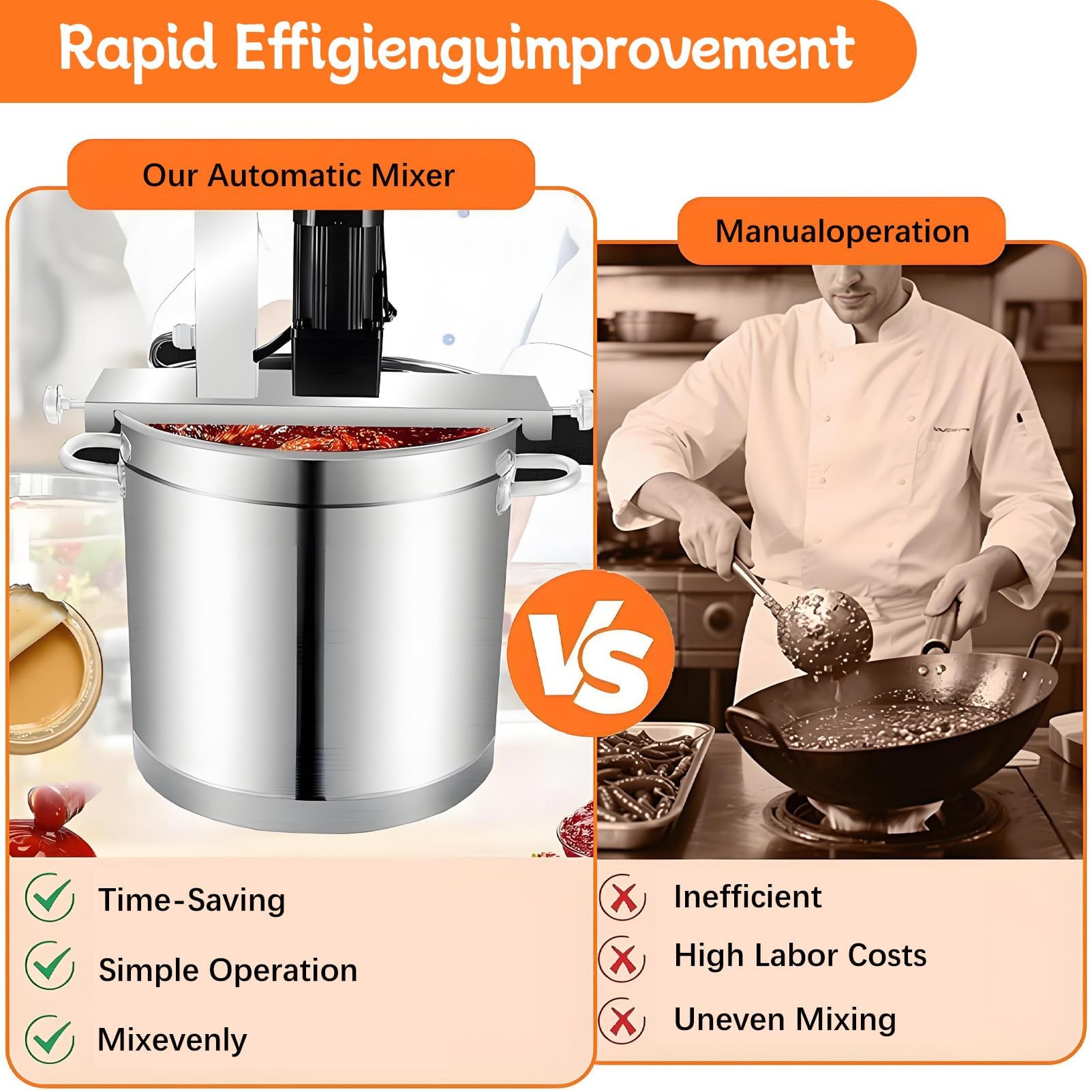 Mezclador de alimentos comercial, agitador automático con velocidad ajustable y cuchilla raspadora para salsas, mermeladas, chile y salsas de carne, perfecto para lotes de 30 L a 60 L