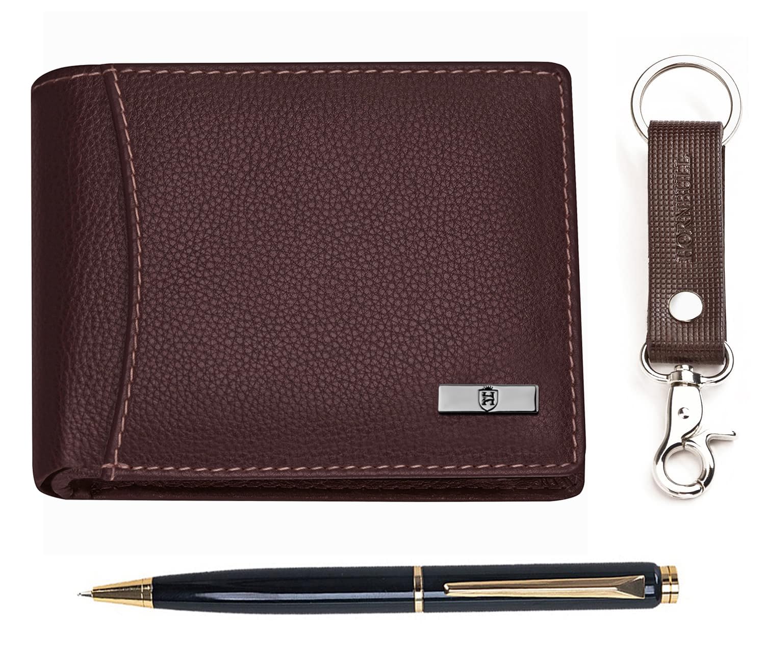 HORNBULL Themes Brown Mens Leather Wallet, Keyring & Pen Combo Gift Set for Men | Valentine's Day Gift Hamper for Men