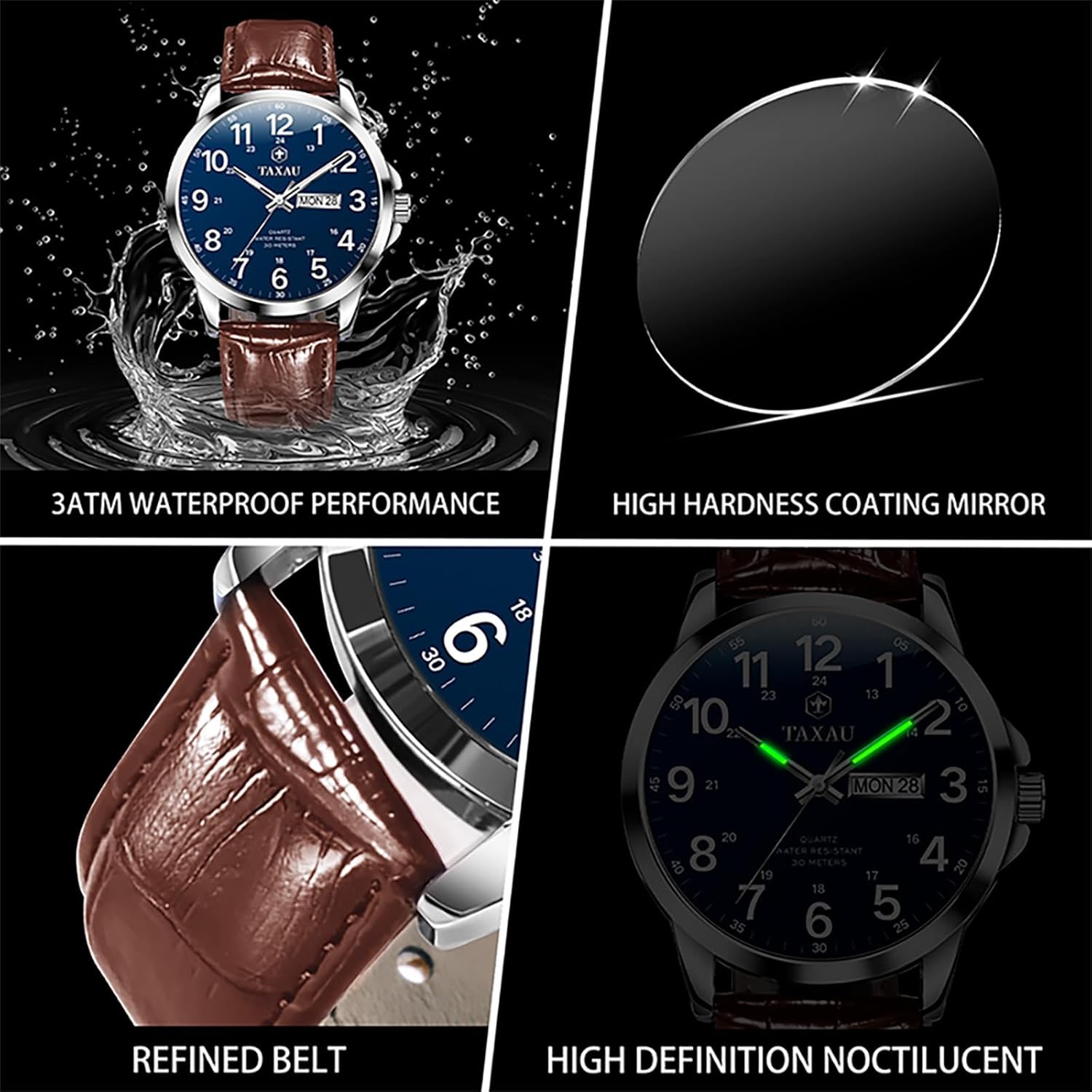 Watches for Men Leather Large Arabic Numerals Mens Watches Waterproof Band with Date Quartz Men's Wrist Watch - Image 4