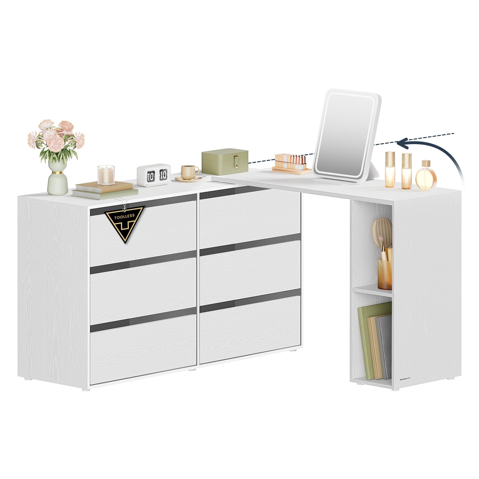 SONGMICS HOME Schminktisch, superschnelle werkzeuglose Montage, Toolless-Technologie, Kommode mit Regal, Schrank, nebeneinander oder L-förmig, für Schlafzimmer, Arbeitszimmer, schneeweiß LTS656W01