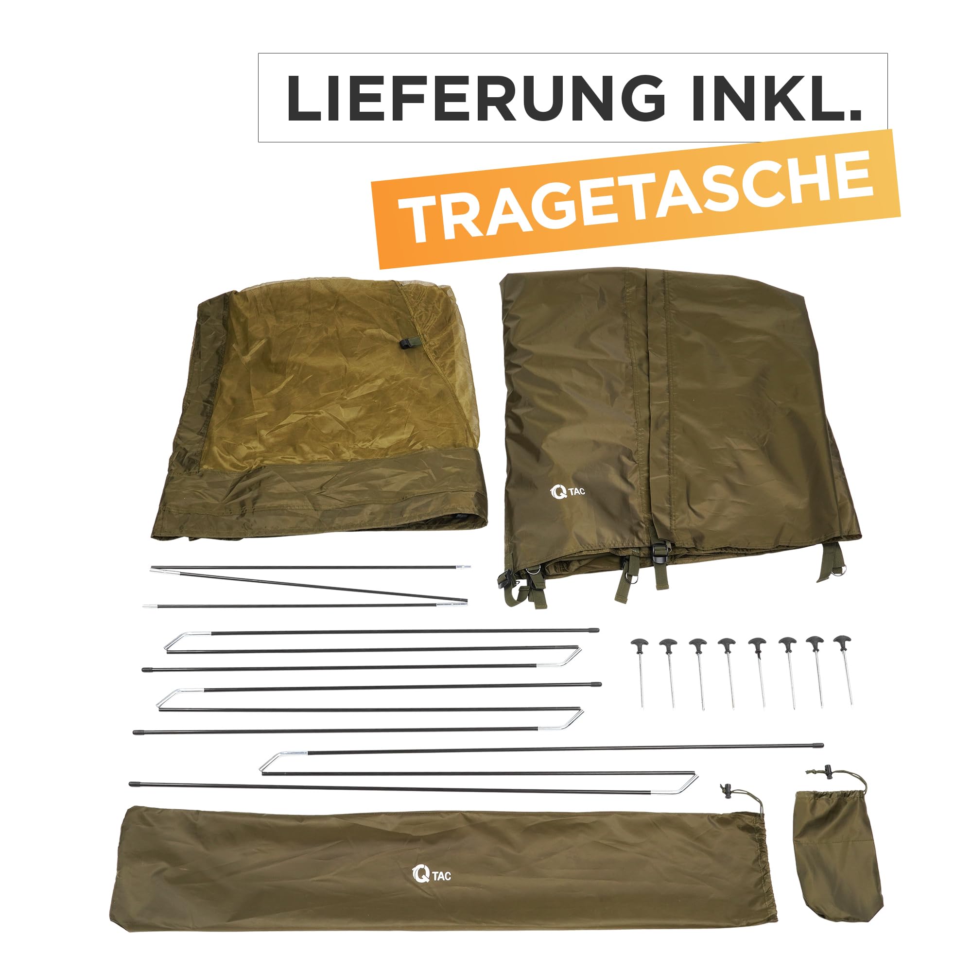 Überzelt für Karpfenliegen bis 210 cm – Bedchair Cover mit Moskitonetz – 210D PU-beschichtetes Zeltmaterial – Zelt für Angelliege – inkl. Tragetasche & Heringe – Liege Nicht enthalten