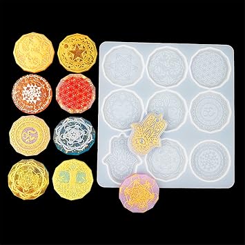 7 Chakra Stones Resin Workshops Mandala Keychain Epoxy Molds Palm Flower of Life Pendant Silicone Molds for Resin Casting DIY Crafts Jewelry Crystal Making Wall Hanger Ornament Home Decor