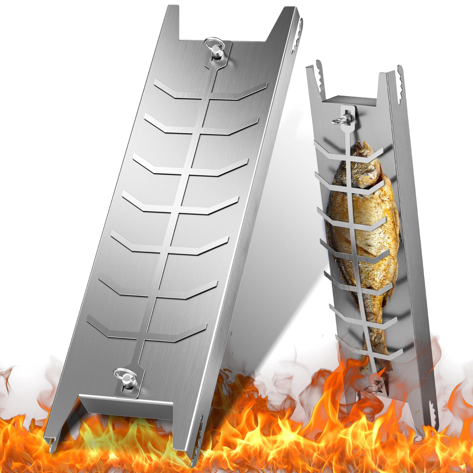 Flammlachsbrett Edelstahl, Flammlachshalter für Feuerschalen & Kugelgrills 59 x 16cm, Lachsbrett mit 180° Wendefunktion und 5-Fach Verstellbar | Flammlachsbretter