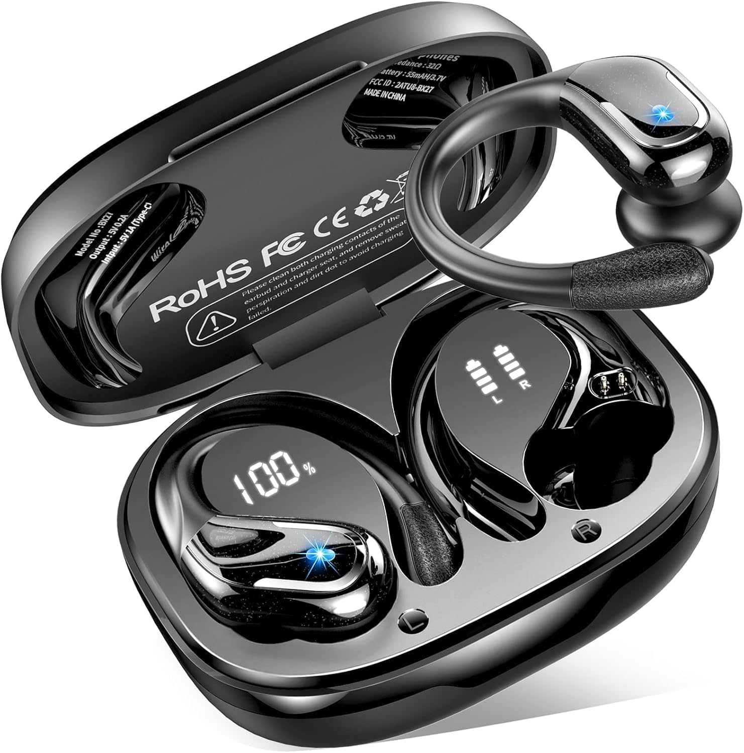 Écouteurs Bluetooth de sport sans fil, 75 heures Bluetooth 5.4 avec stéréo HiFi 3D, 4 micros de réduction de bruit ENC, écouteur sans fil, charge USB-C, étanche IP7 LED, casque de course pour Android/iOS