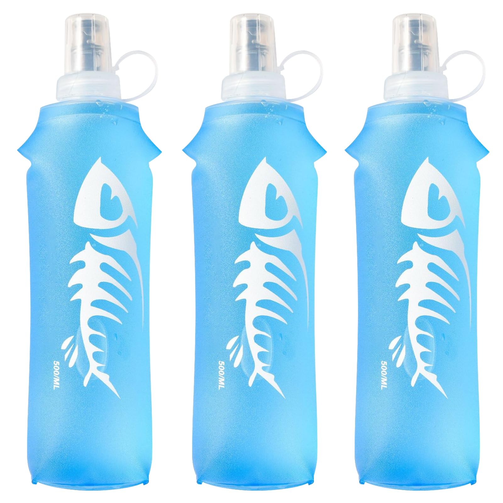 PRITOK Pack of 3 Soft Flask: 500ml Lightweight Collapsible Running Water Bottle, TPU BPA Free Plastic, Blue, For Hiking Cycling Climbing Marathon, Running Vests