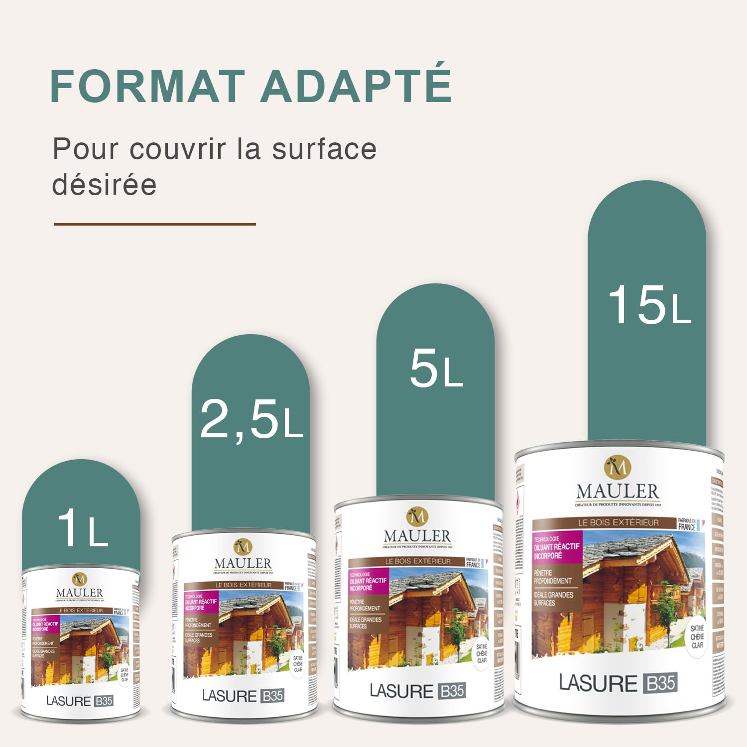 Lasure professionnelle pour bois extérieur 1L Satiné Chêne Clair Protection UV Mauler B35