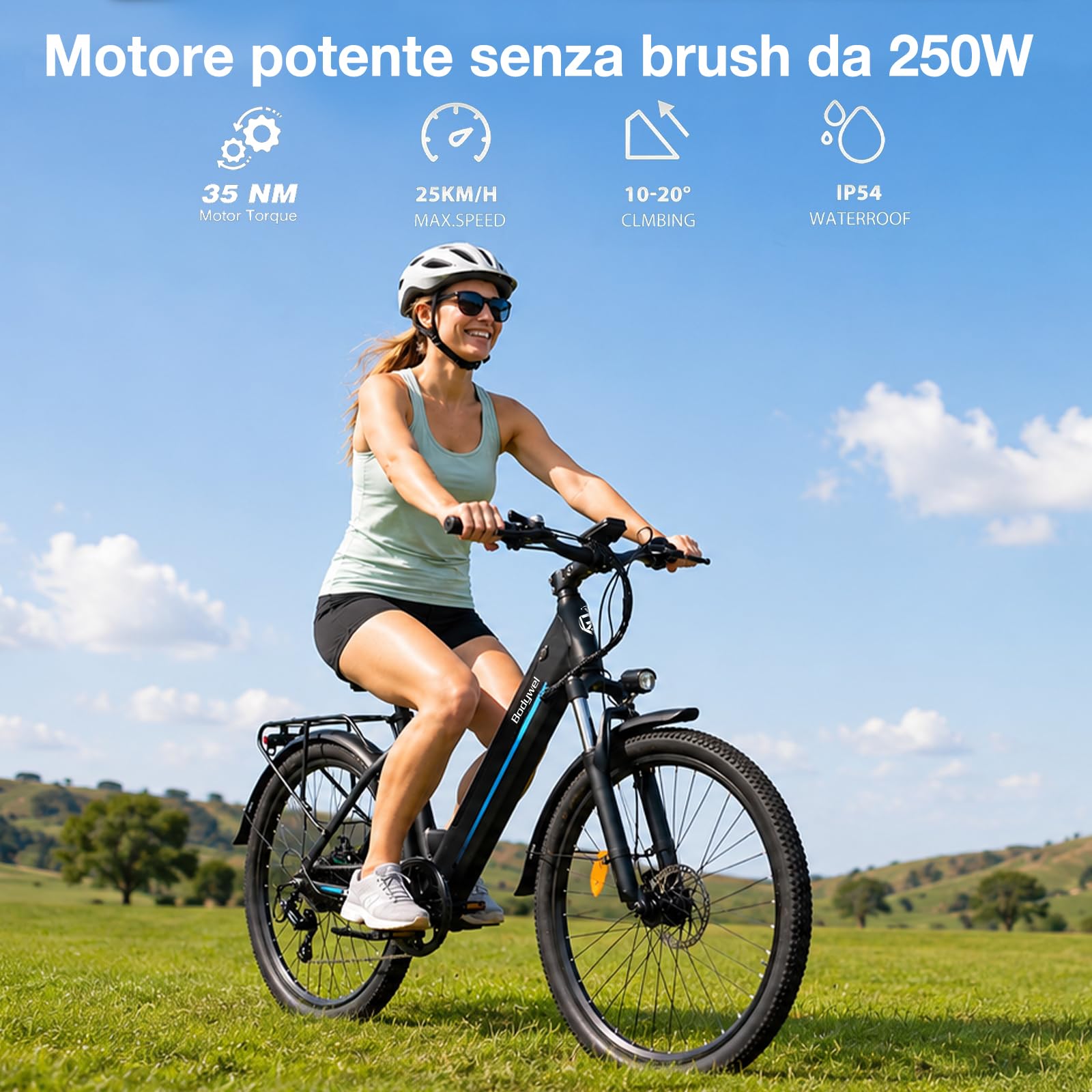 Bodywel A26 E-Bike Uomo 26 Pollici, Bicicletta Elettrica con Batteria Rimovibile 36V 13Ah, Autonomia 50-70km, Motore 250W, 7 Velocità, Freni a Disco Meccanici, E-Bike da Città