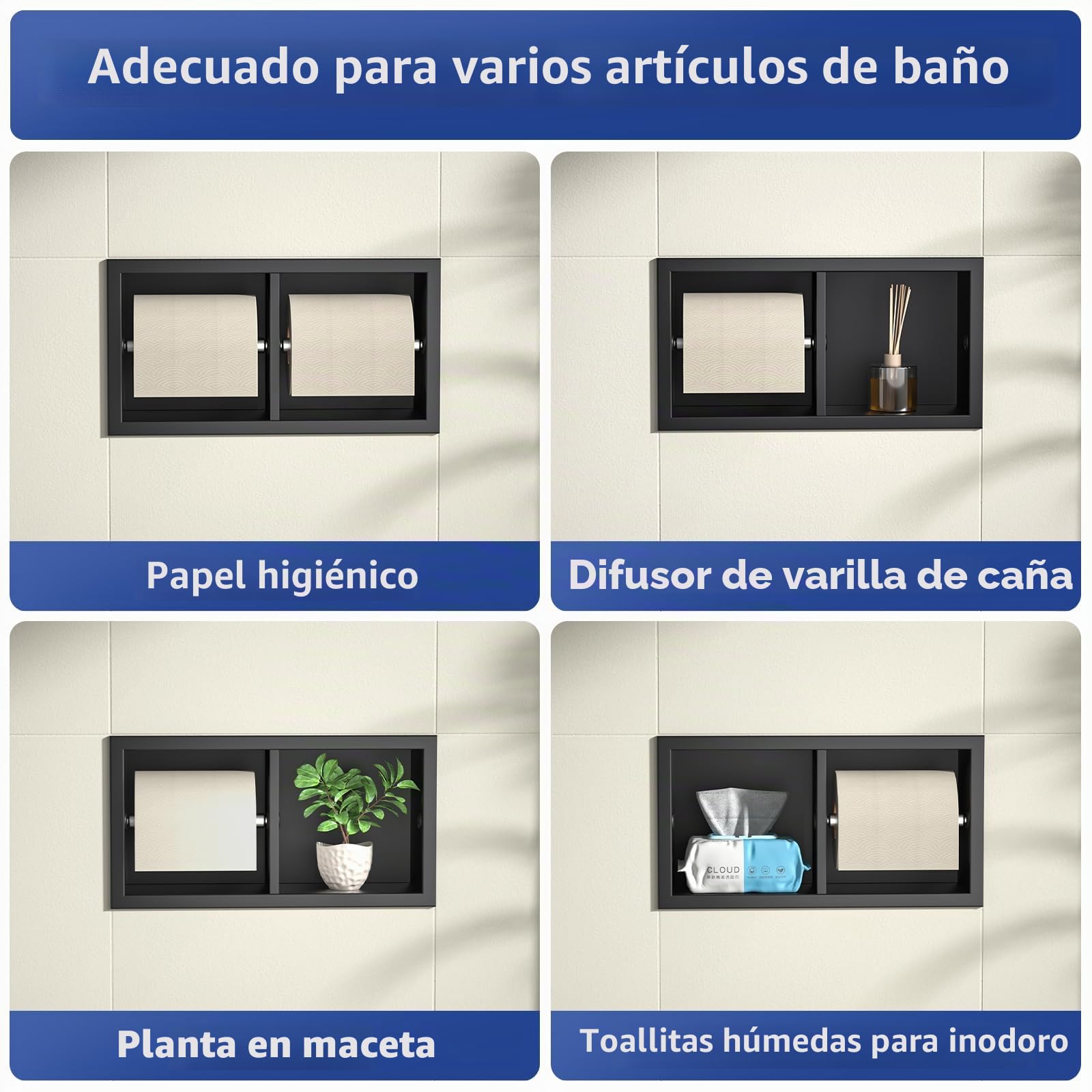 Portarrollos de baño empotrados de acero inoxidable, armario de baño con soporte para papel higiénico, soporte para papel higiénico con almacenamiento, 10 × 18 × 34 cm, negro