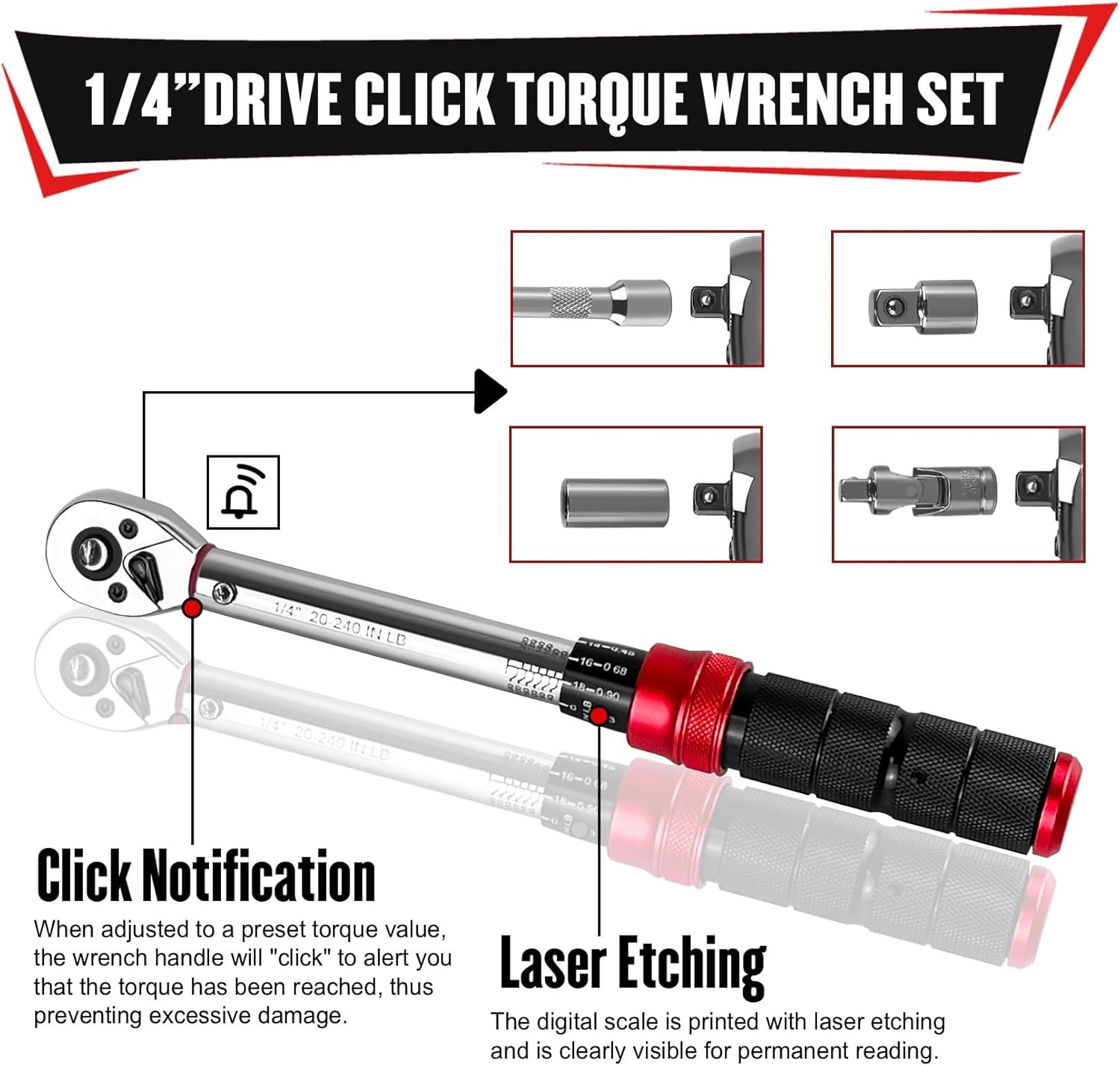 YIYITOOLS 27Pcs 1/4 Inch Drive Click Torque Wrench Set, Bike Maintenance Kit with Bit Sockets, Adapter, Universal Joint & Extension Bar, 2.3-27.1NM (20-240IN.LB) ±3% Precision