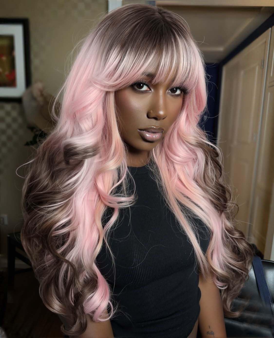 Amazon.com : WIGER Long Wavy Wig With Bangs, Pink Romantic  display picture 1