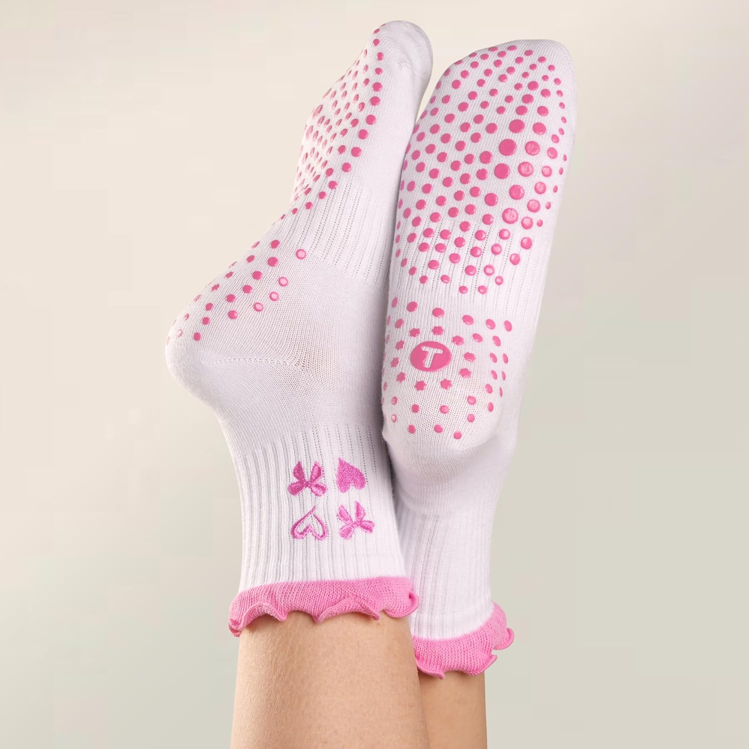 2 Pairs Women's Cute Pilates Ruffle Socks, Grippy Non-Slip Crew Socks with Embroidery for Yoga Barre Workout - Image 4