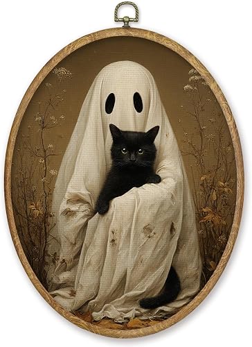 CGBHW Halloween Ghost Black Cat Floral Oval Wall Art Prints Decor 8.6x11.4